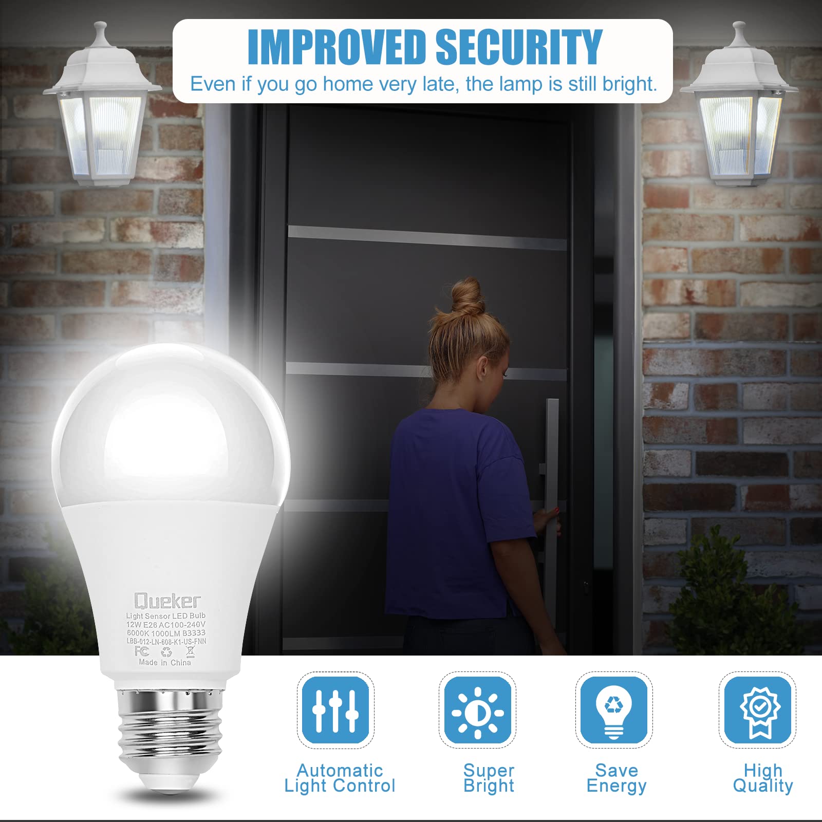 6 Pack Dusk To Dawn Light Bulbs Outdoor 6000K Cool White Sensor Bulbs, 12W (100 Watt Equivalent) Auto On Off Photocell Sensor, E