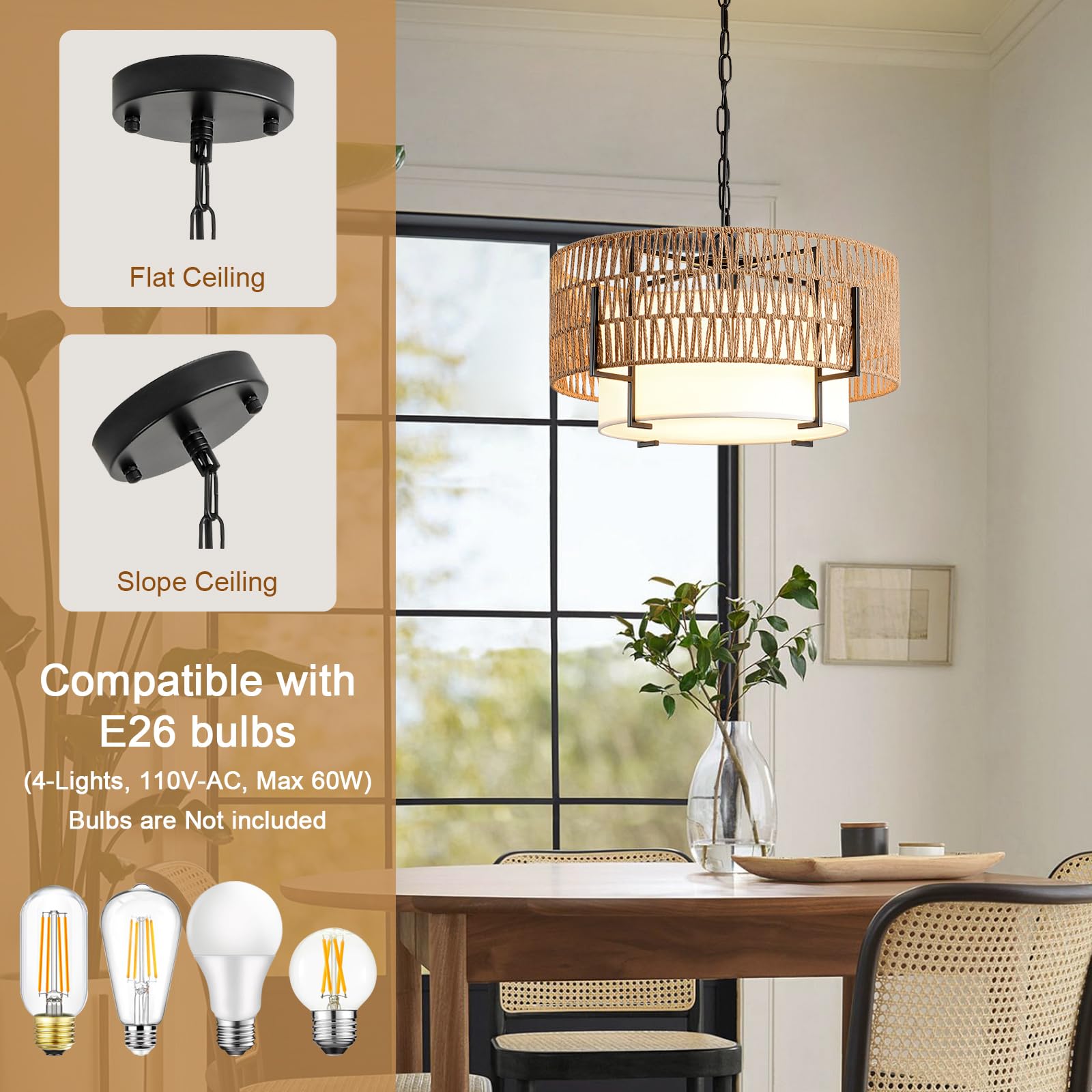 SupMaka Boho Rattan Chandelier, 19.7" 4-Light Pendant Light, Brown Rattan for Dining Room, Living Room, Kitchen, Model m-A0315
