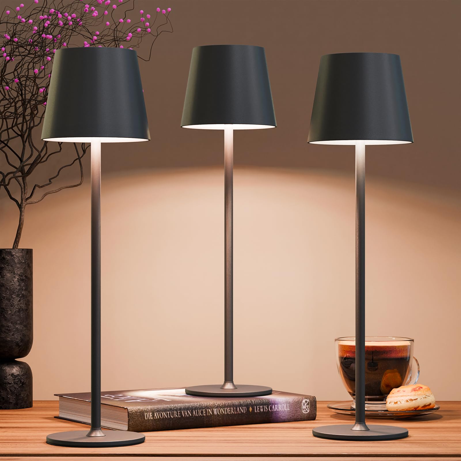 uuffoo Rechargeable Table Lamp 3 Pack, Metal, Small, Stepless Dimming, Black