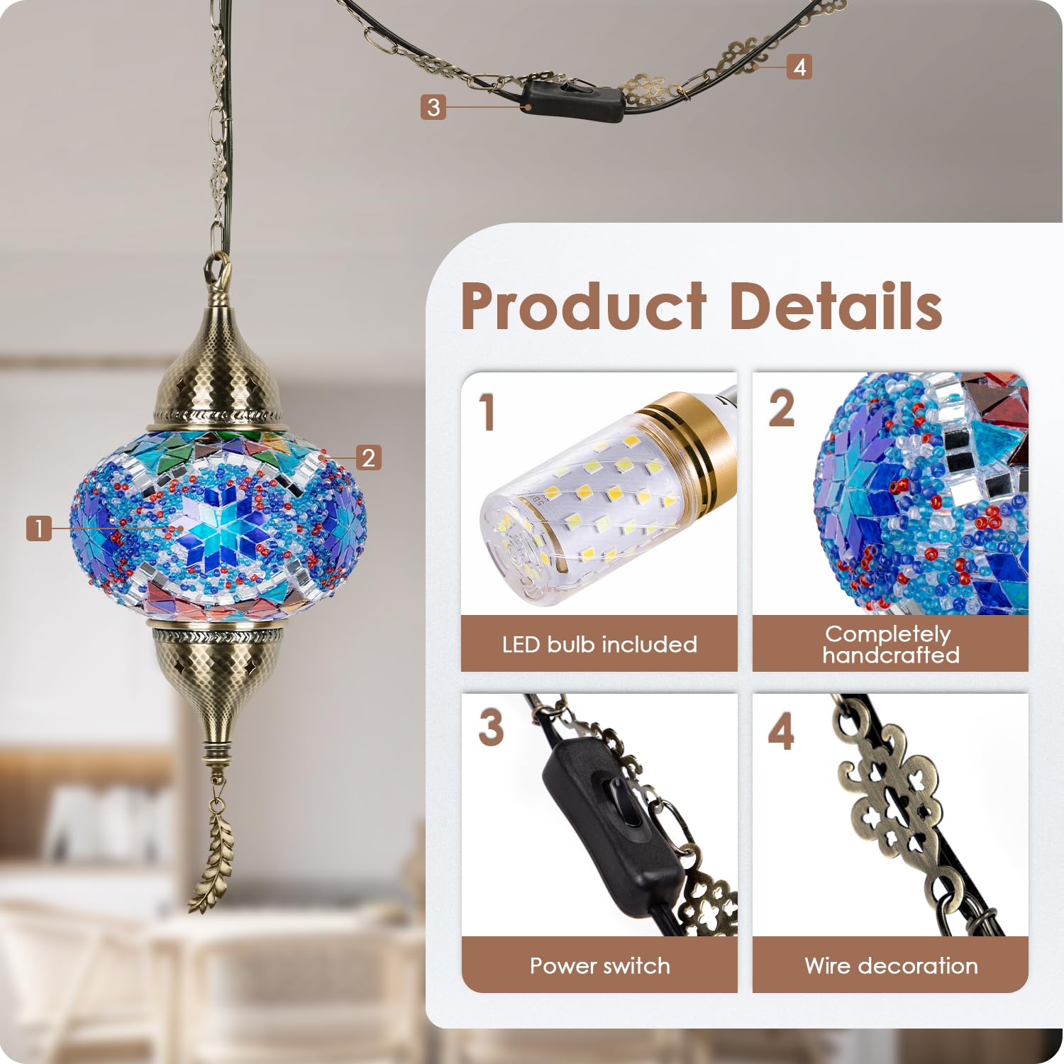 Yarra-Decor Turkish Moroccan Pendant Light, Tiffany Style Mosaic Ceiling Lamp, 15-Foot Cord, Metal, Blue1, Model PTR-1A-BL1