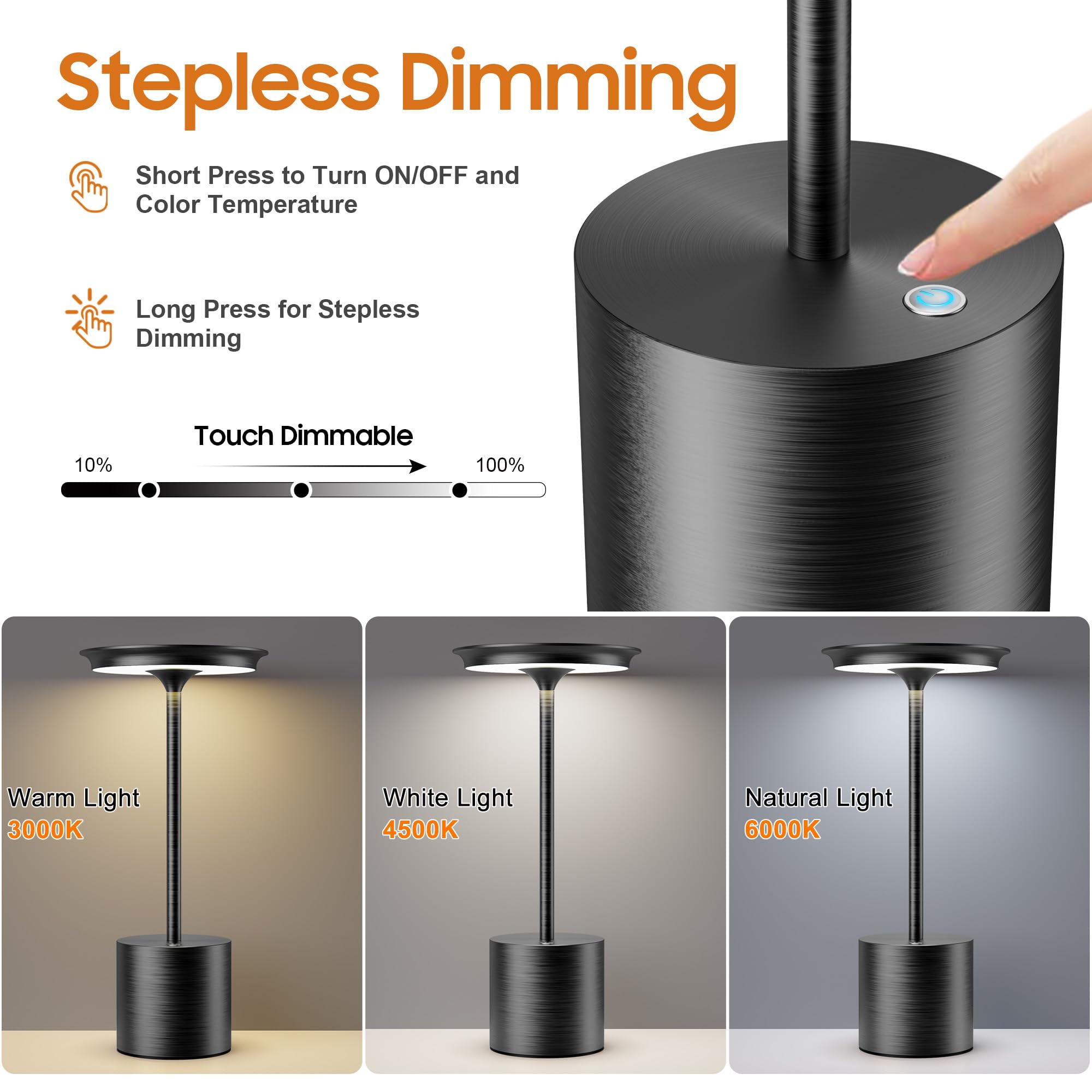 Sikevht Cordless Table Lamp, LED Light, 6000mAh Battery, 3 Color Dimming, Black, Model S823