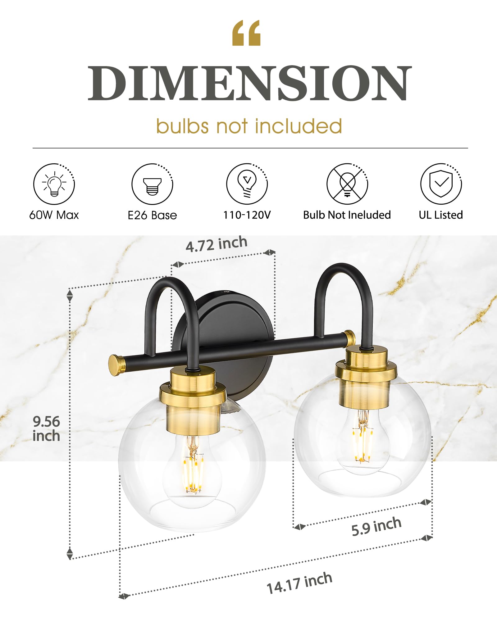 Audickic Bathroom Light Fixtures  2-Light Black And Gold Vanity Lights With Globe Clear Glass  Modern Vanity Lighting Fixtures Over Mirror  Ad-22280-2W-Kg