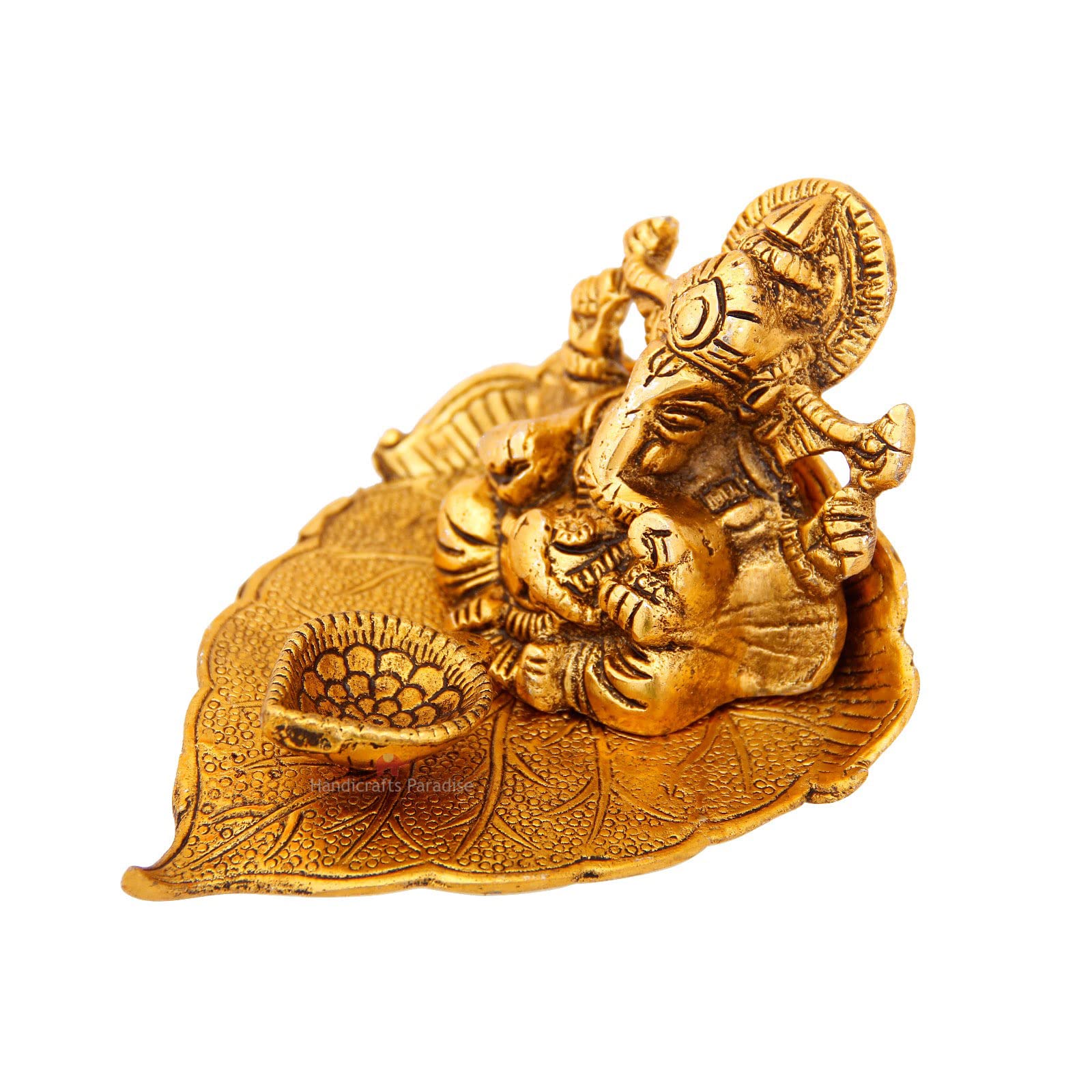 Handicrafts Paradise Diya - Pipal Leaf Shape, Ganesha, Antique Gold Plated, Metal, 4X5 Inches, Golden, Model Oxm18011