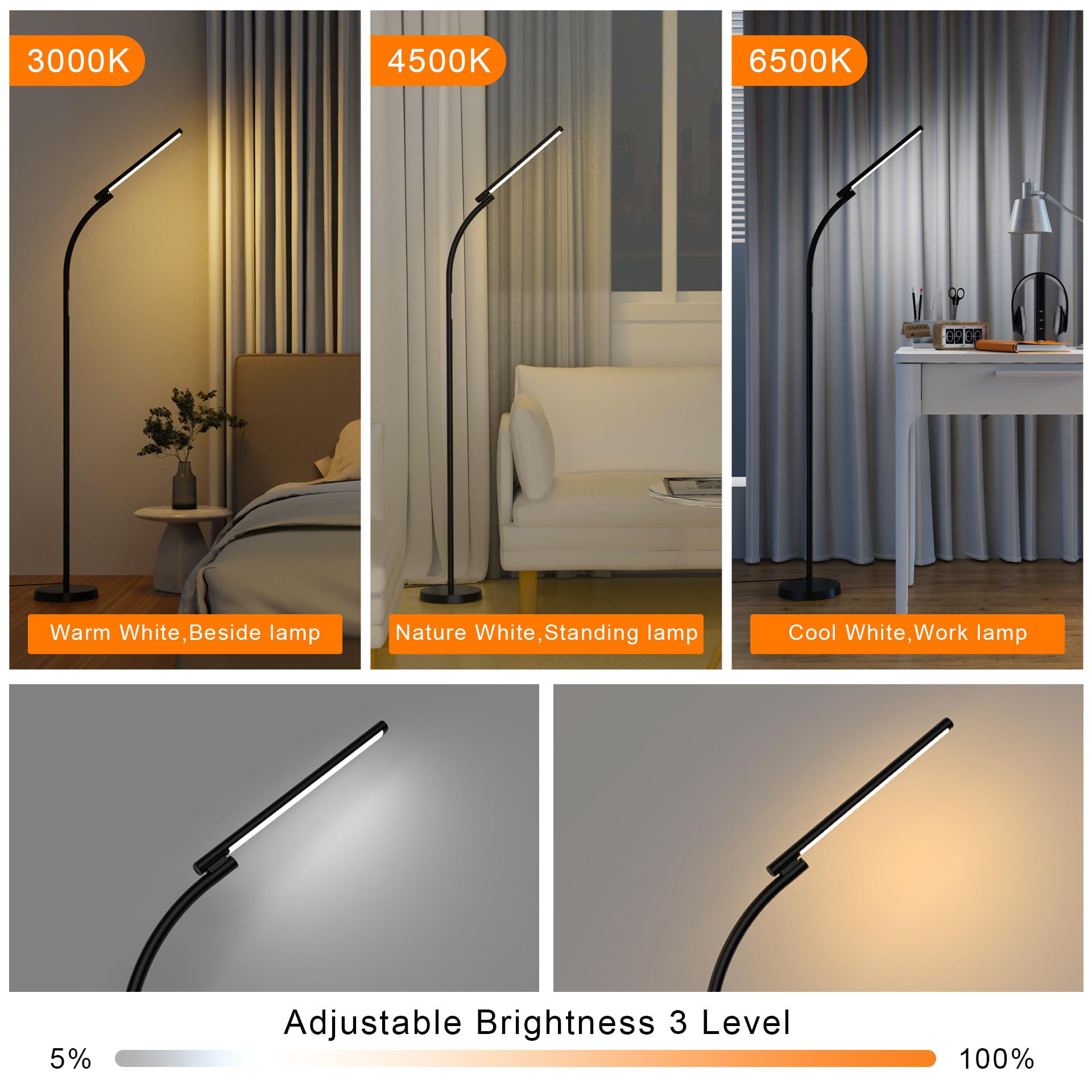 Led Floor Lamp, Bright Rgb Floor Lamps For Living Room, Adjustable 3000K-6000K Colors & Brightness, Gooseneck Modern Standing La