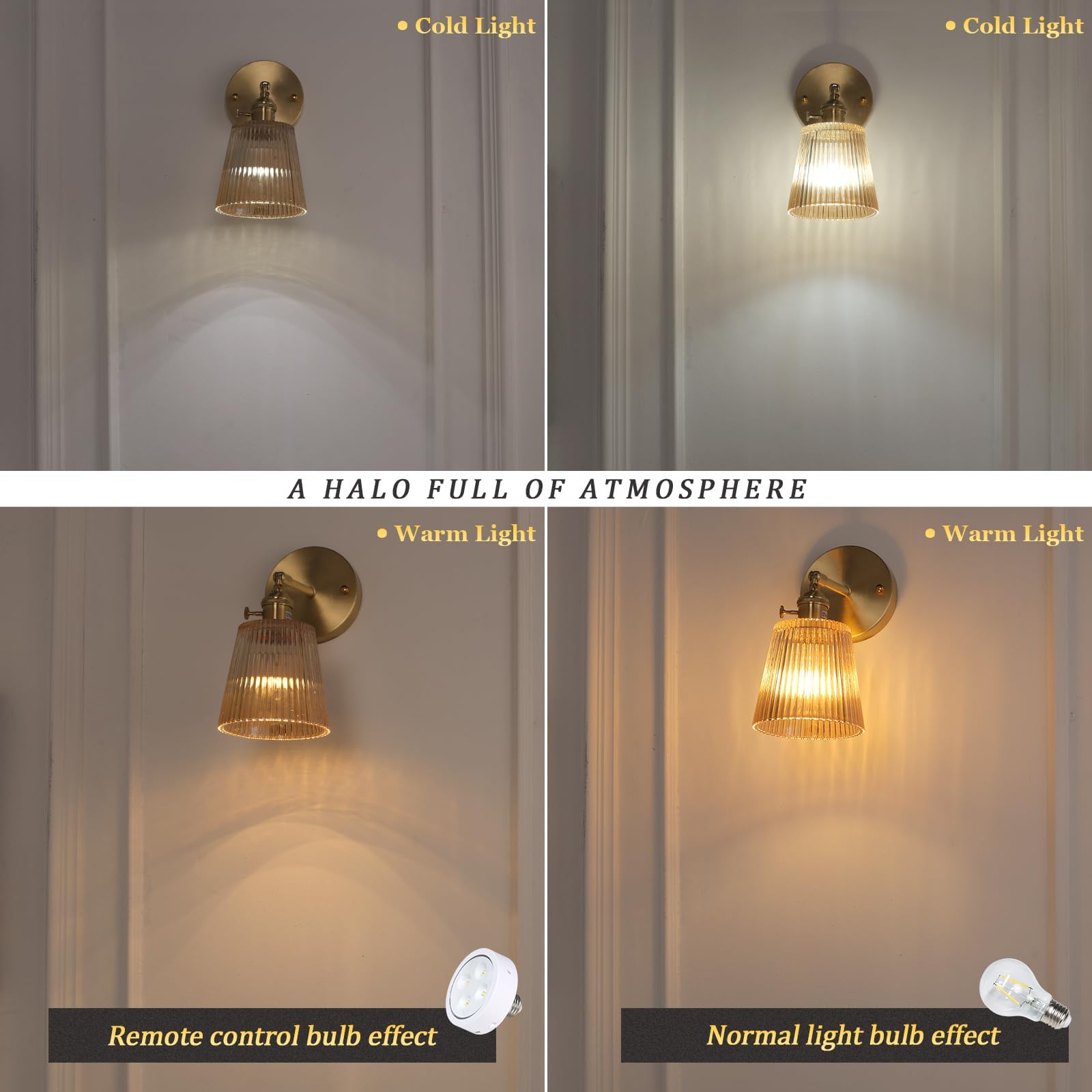 Shenmoyl Vintage Wall Sconces Set of 2, Amber Stripe Glass, 180° Adjustable, Hardwired Brass Lighting Fixture for Bedroom or Doorway