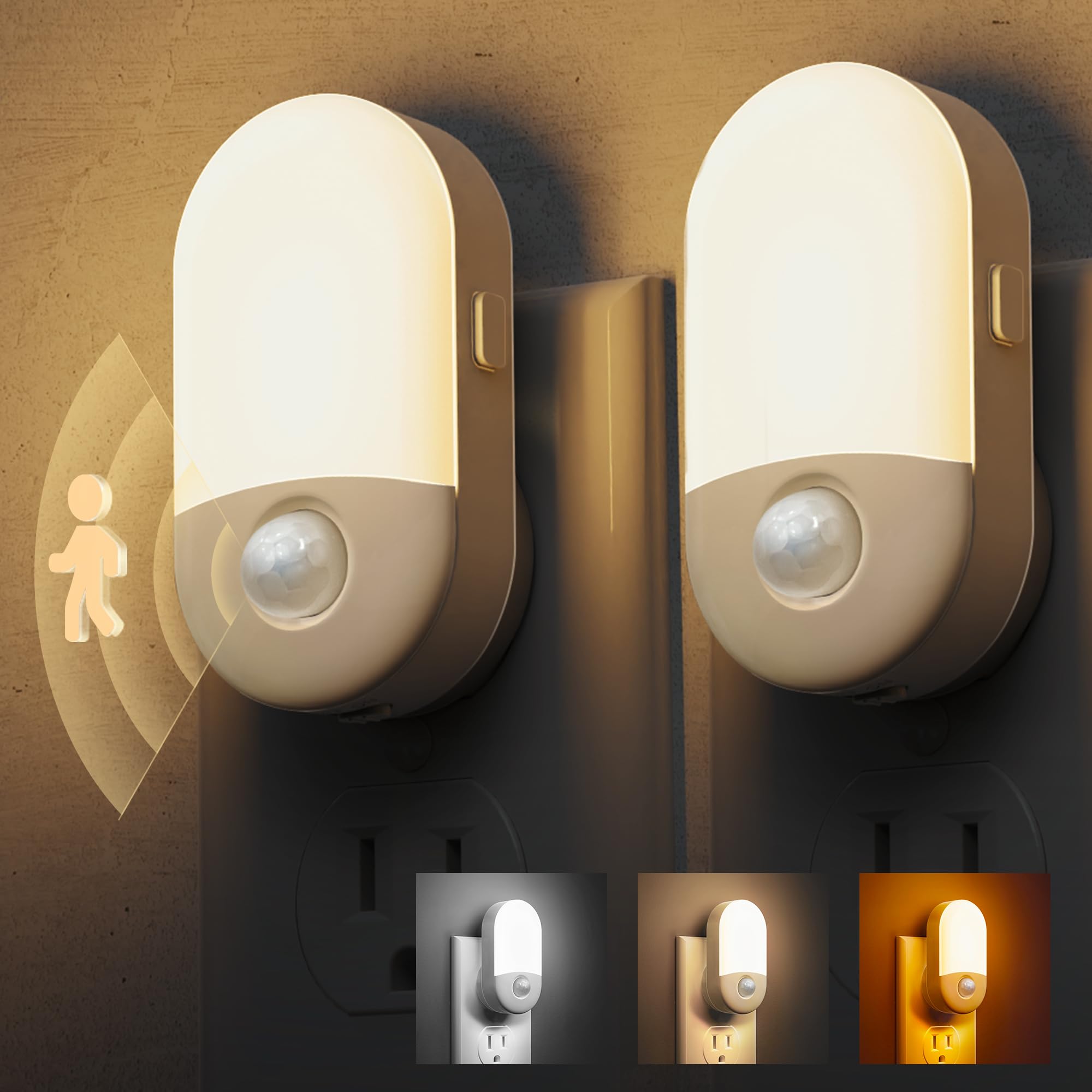 L LOHAS LED Motion Sensor Night Light  2Pack  Motion Activated Night Light  Night Lights Plug into Wall  3CCT Amber/3000K/5000K  Adjustable Brightness 30/60LM  for Kids For Mature Userss Bathroom Bedroom