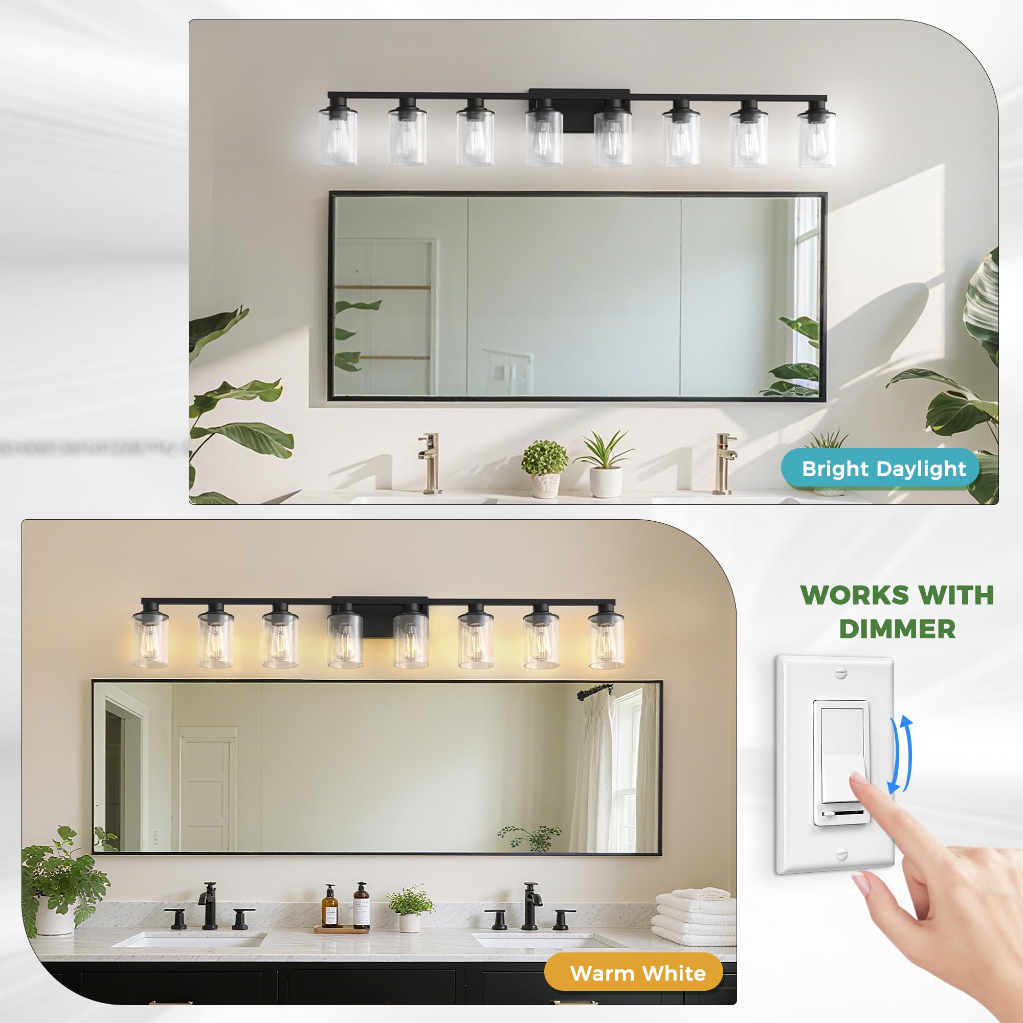 Doresshop 55 Inch Bathroom Light Fixtures  8-Light Black Bathroom Lighting Fixtures Over Mirror With Glass Shade  Modern Vanity Lights For Hallway Bedroom