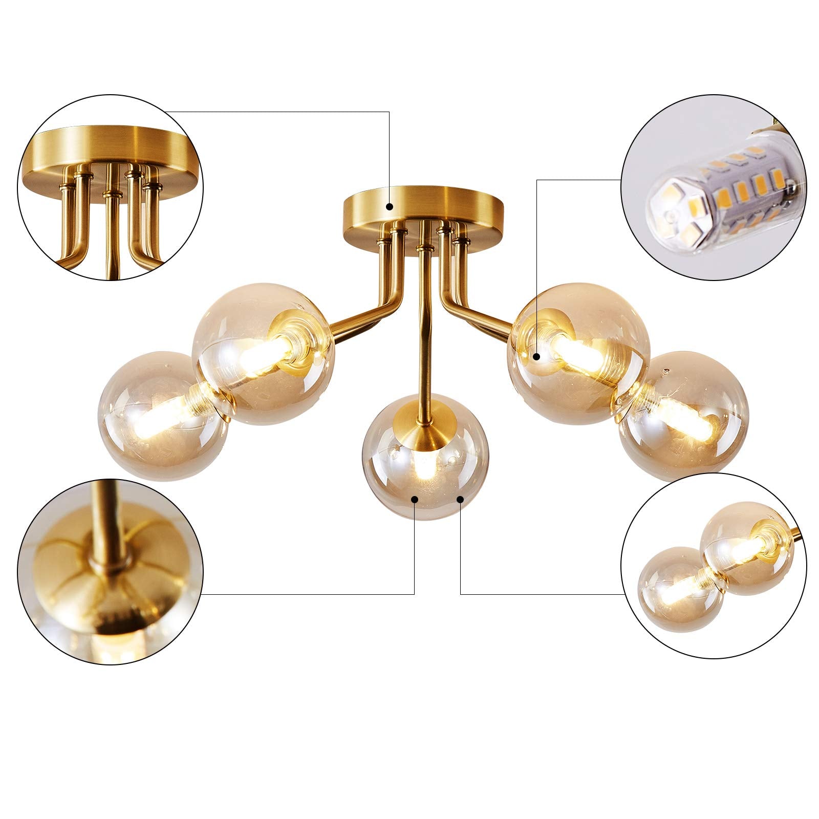Modern Sputnik Chandeliers 5 Light Gold Semi Flush Mount Ceiling Light Fixture Pendant Lamps Bulb With Glass Globe Lighting For