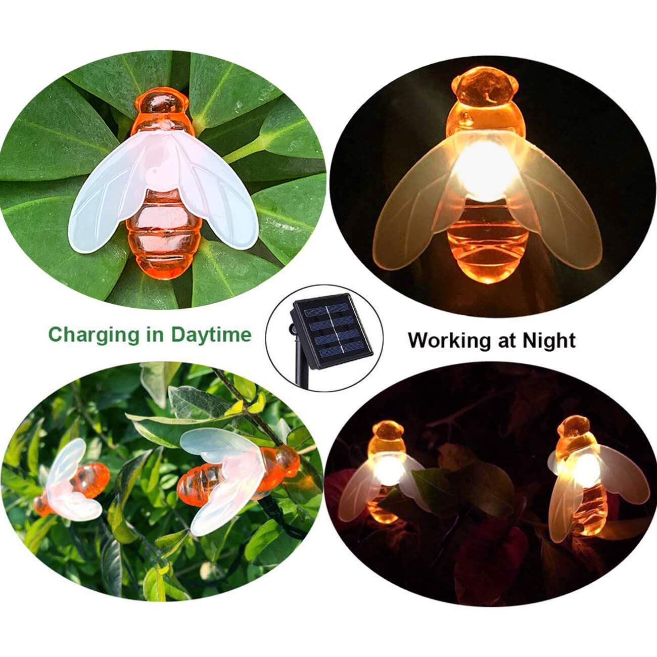 SEMILITS Solar String Lights - 20 LED Outdoor Waterproof Honey Bee Decor - Warm White