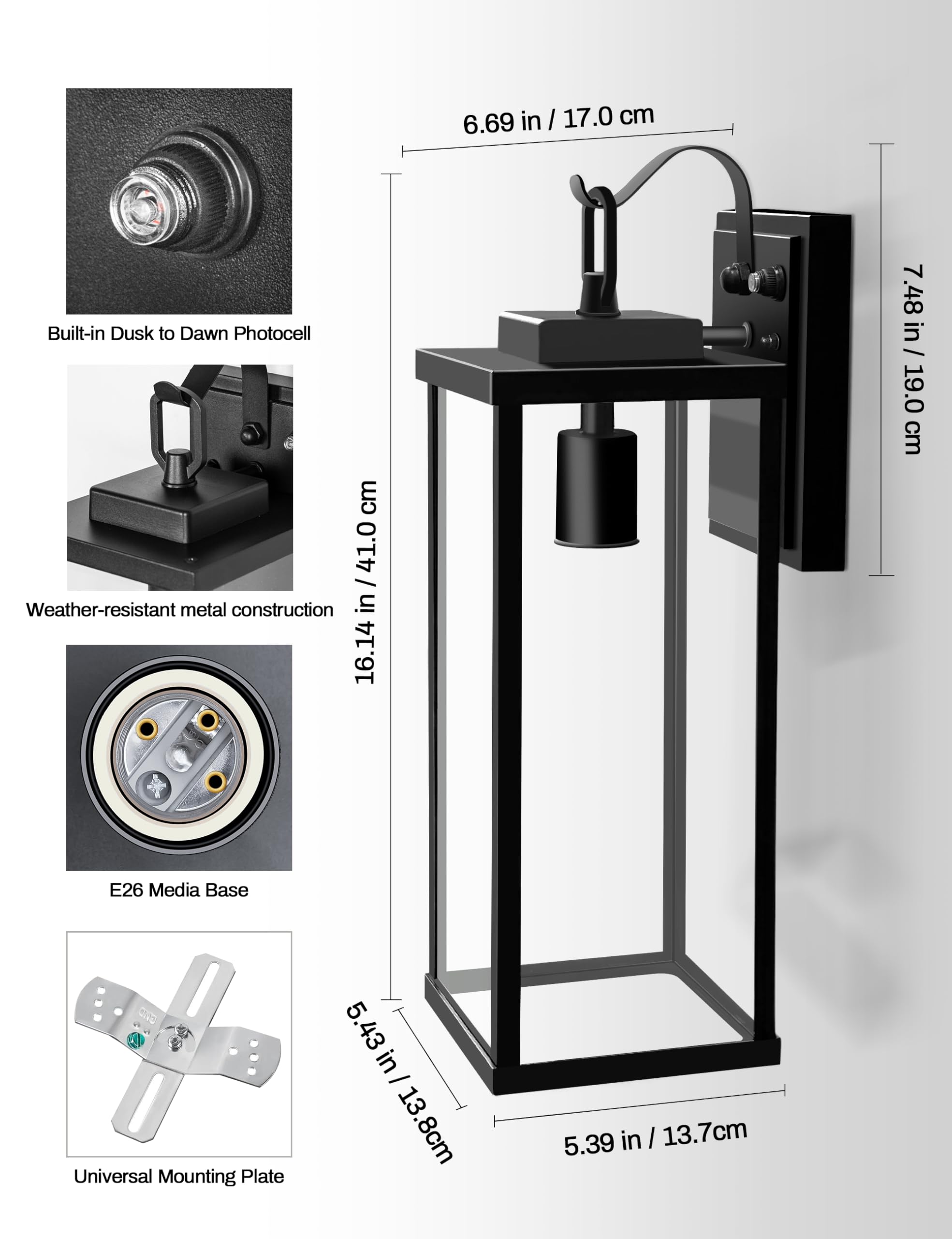 DORESshop Large Size Dusk to Dawn Outdoor Wall Lights, 16 Inch Matte Black Waterproof Anti-Rust Outdoor Light Fixtures Wall Moun