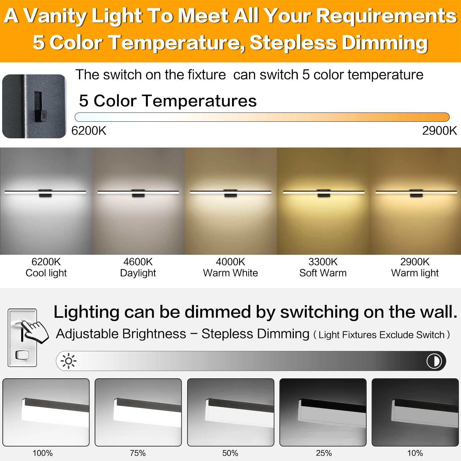 SOLFART 47.2 Inch Dimmable Bathroom Light Fixture, 5 Color Temperature, Aluminum, Matt Black, Model 8778-1220mm-BK-5CCT