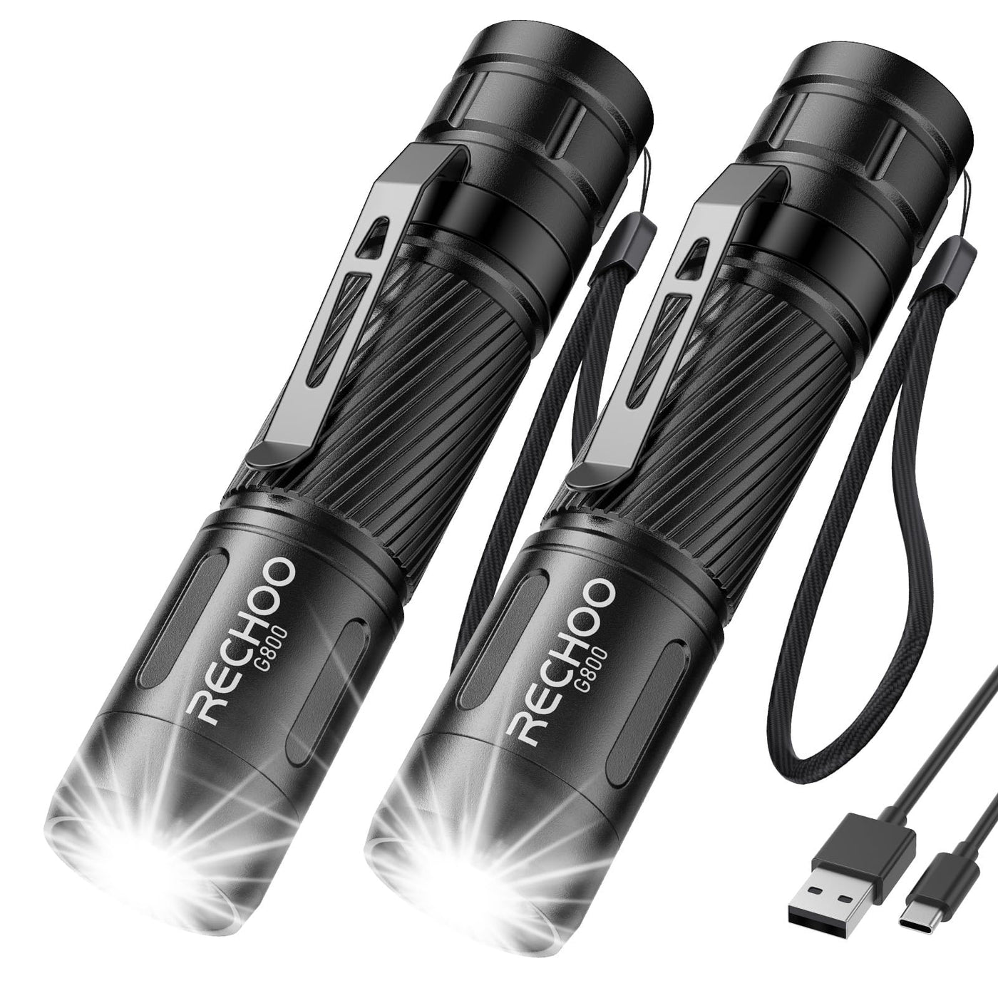500 lumen flashlight rechargeable RECHOO Rechargeable Flashlight 500 Lumens, 3 Modes, Black, 2 Pack, Aluminum, Model G800-2P, Water Resistant, Tactical Torch Light