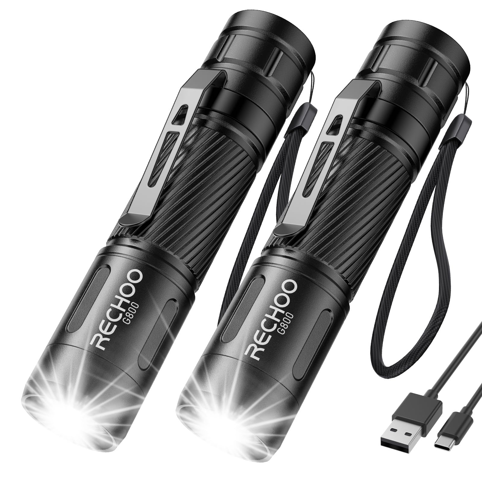 Rechoo Flashlight Rechargeable 2 Pack  500 Lumens  3 Lighting Modes & Zoomable  Small Tactical Torch Light For Edc And Emergency  Water Resistant  Duable  Included Pocket Clip & Lanyard