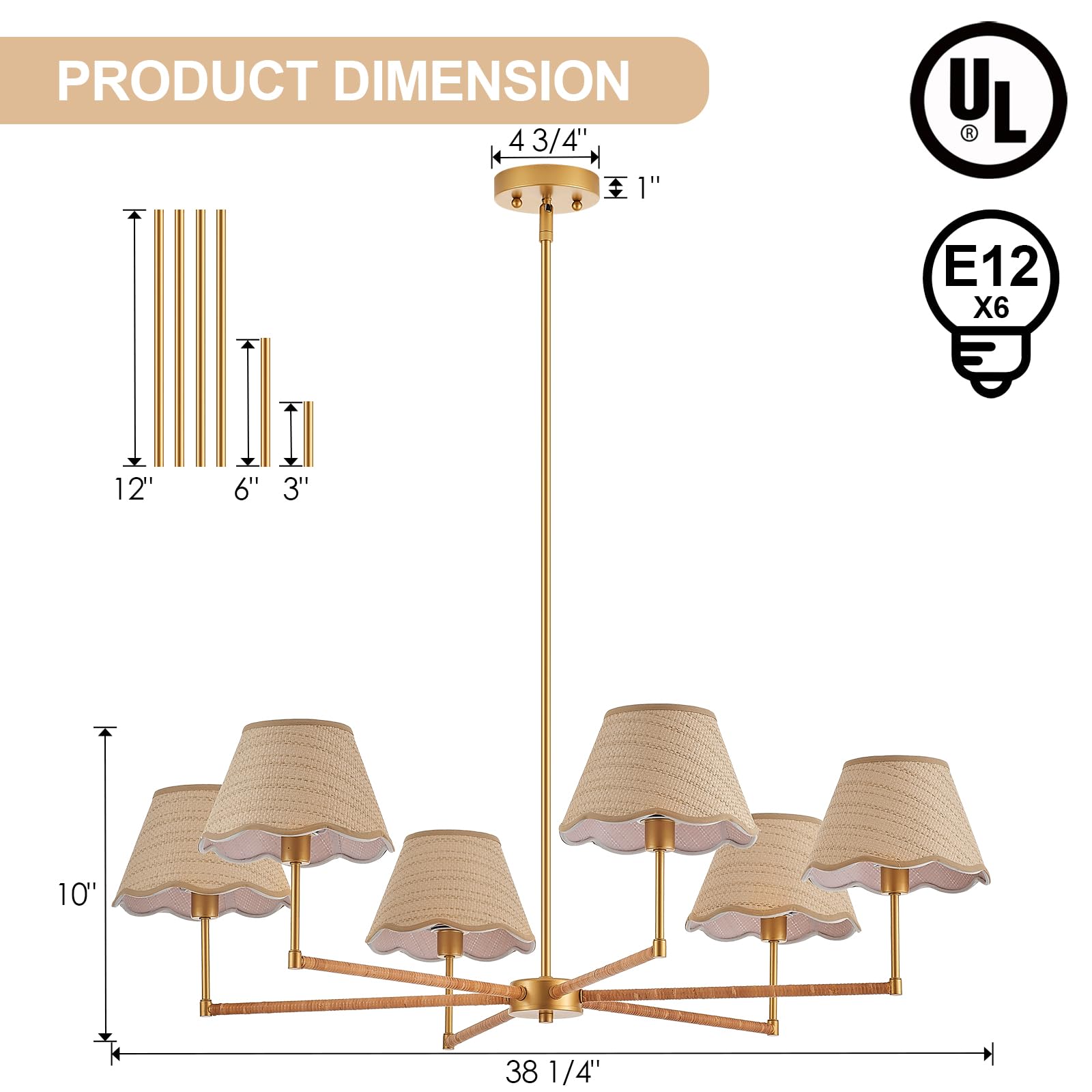 ELYCCUPA Boho Rattan Chandelier, 6-Light Rustic Pendant Light, Adjustable, UL Listed, 39” for Kitchen Island, Dining, Living Room