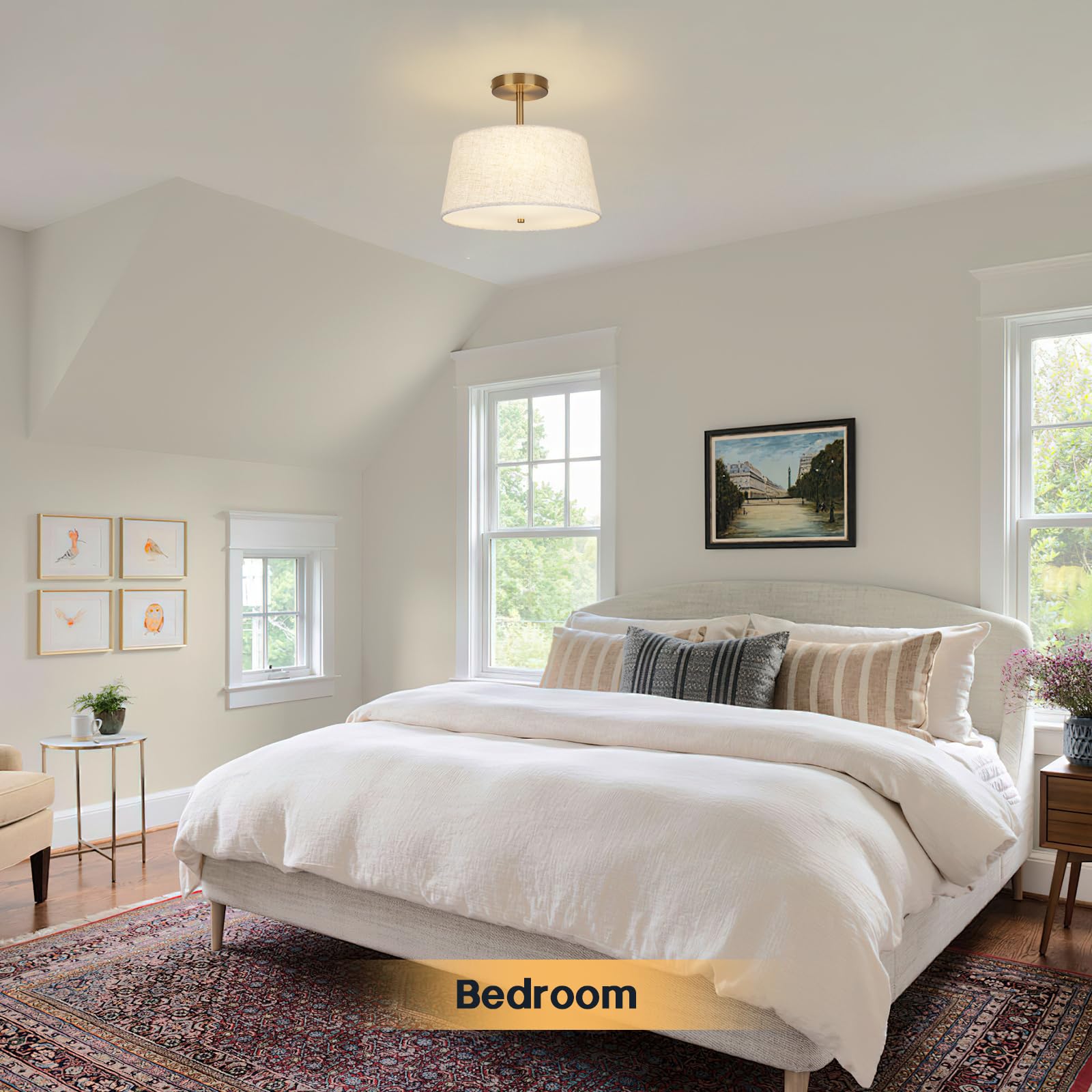 Calokes Cone-Shaped Semi Flush Mount Modern Ceiling Light Fixture, 3-Light Drum Lamp With Gold Brass Finish And Beige Fabric Sha