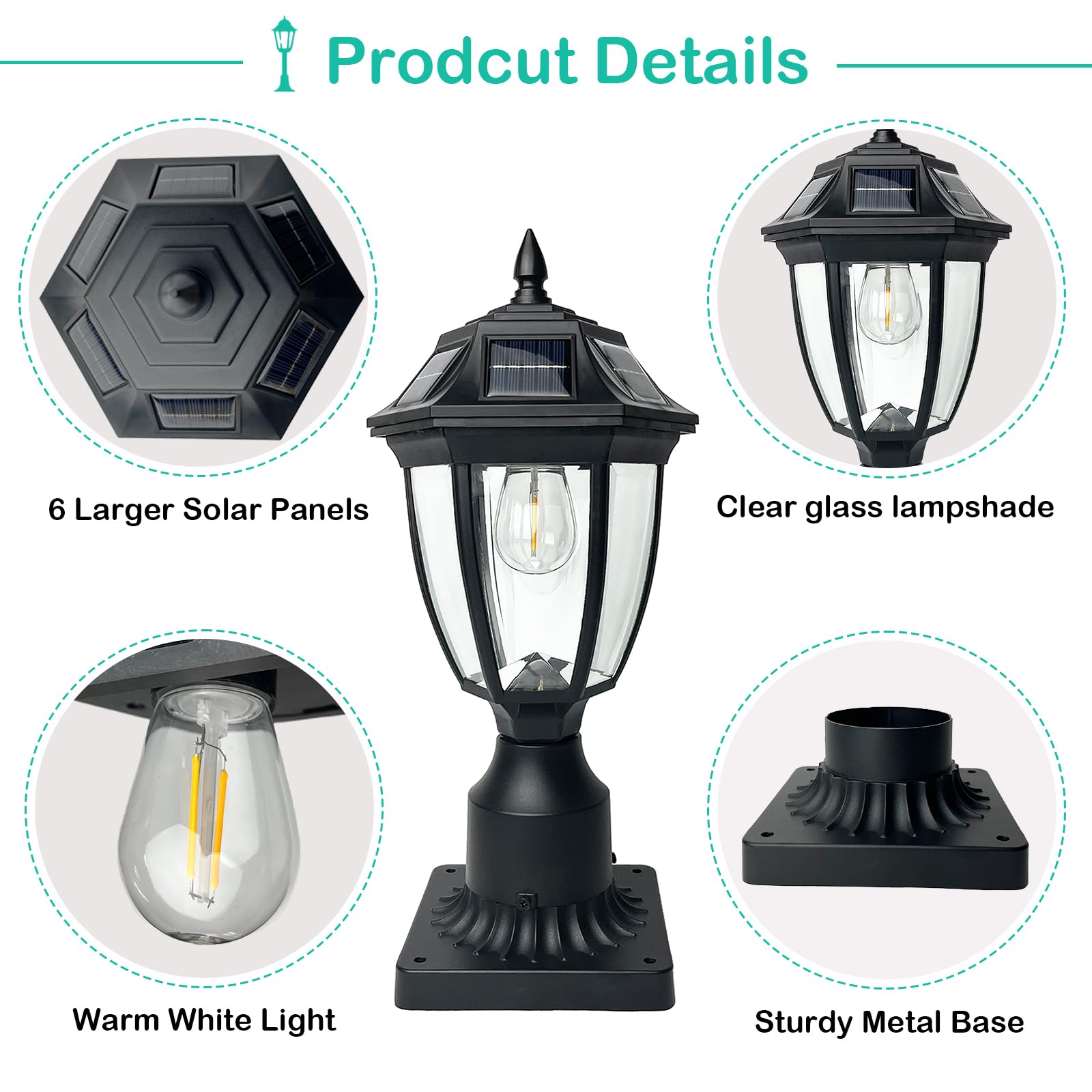 Jalarox Solar Post Lamp Lights, 3000K Dusk To Dawn Solar Post Light With Pier Mount Base, Outdoor Waterproof Solar Motion Sensor Lights For Garden Yard Landscape Pole Pillar, Jspl001