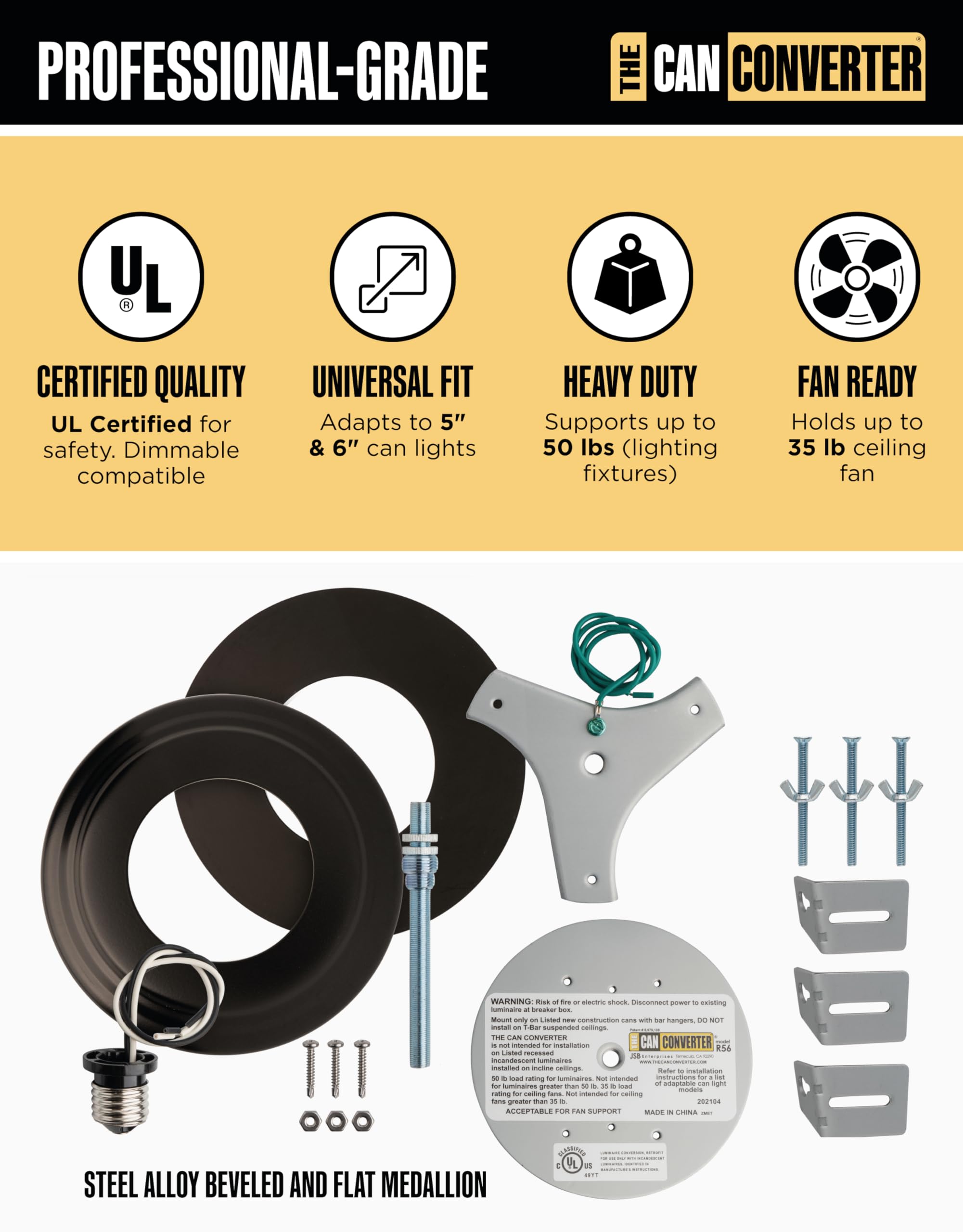 The Can Converter R56 Recessed Light Conversion Kit, 7"¾ Flat Medallion, Matte Black, UL Certified for 5" & 6" Cans, Fan & Light Fixture