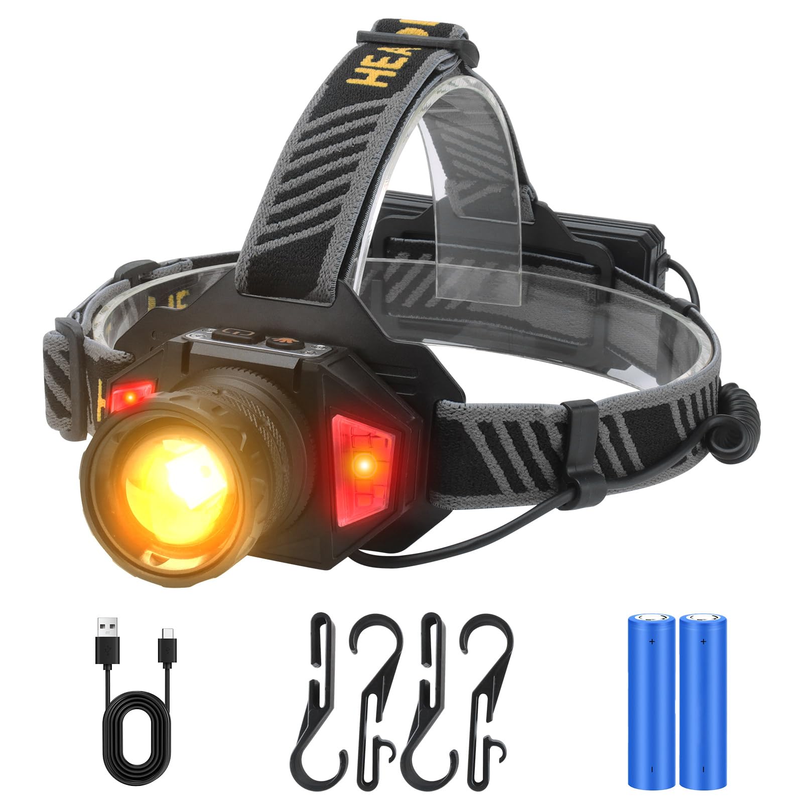 BORUIT LED Rechargeable Headlamp T503B, Super Bright, 8 Modes, IPX4 Waterproof, Black, Aluminum, White and Red Light
