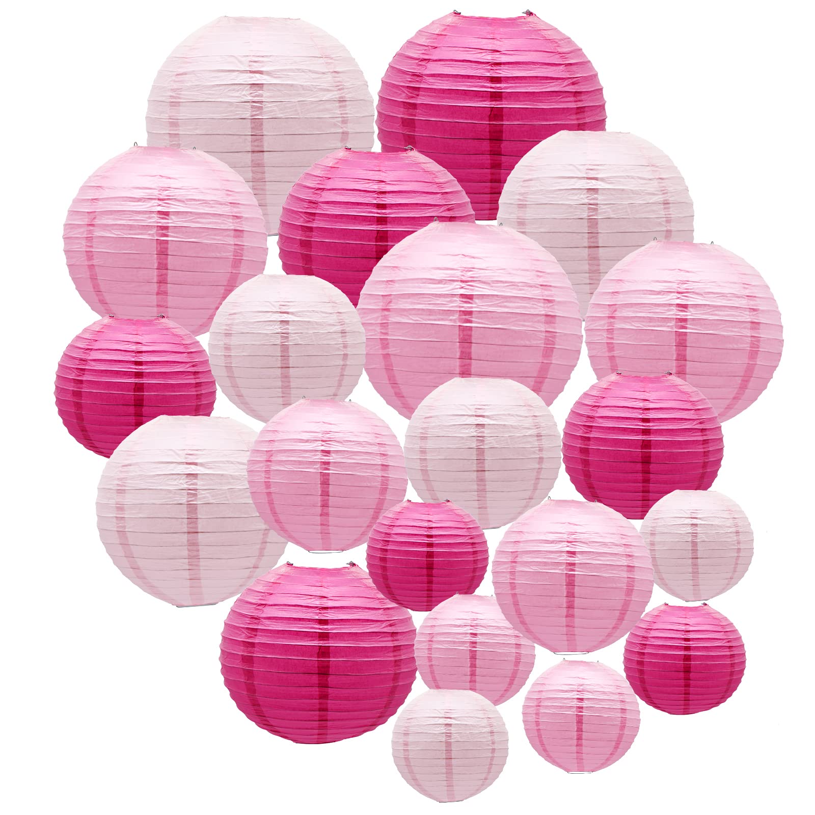 ADLKGG Paper Lanterns, 21pcs, Pink, Decorative Hanging Round Lanterns for Indoor/Outdoor Events, Model PaperLantern21P002