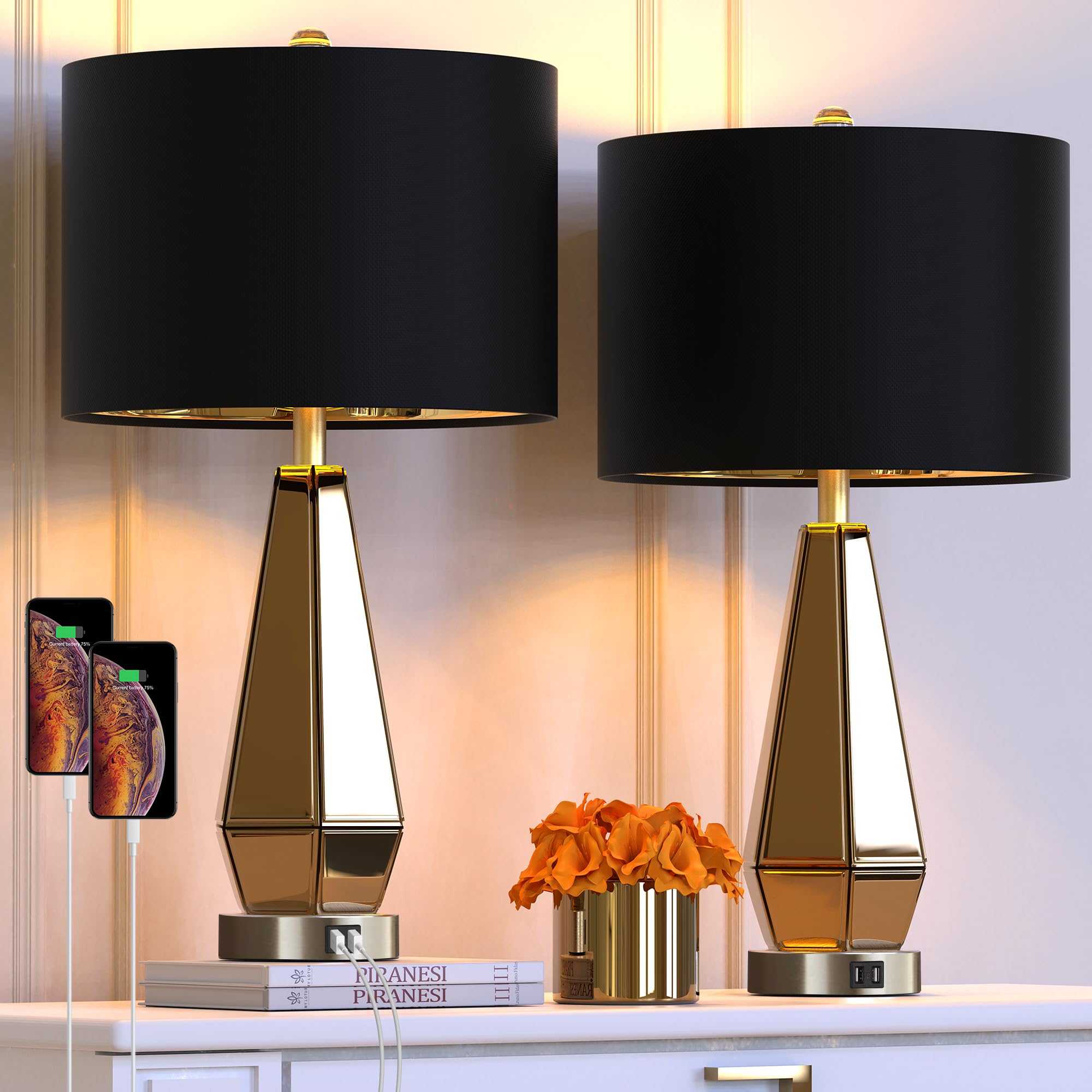 Hamucd Set of 2 Mirrored Glass Bedside Table Lamps with 2 USB Ports for Bedrooms Modern Amber Side Nightstand Lamps with Gold Bl
