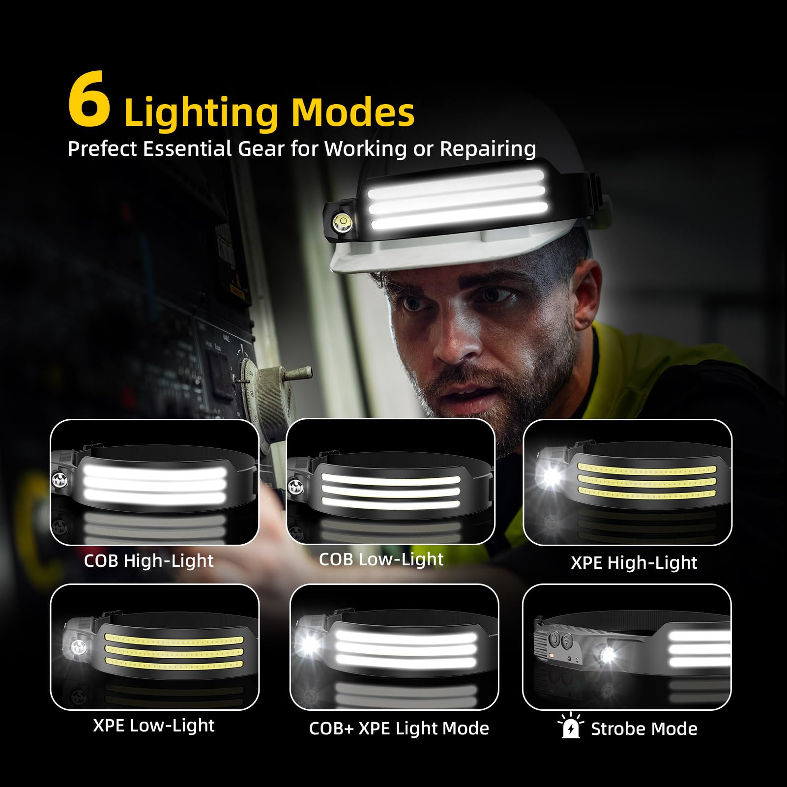 Eatelsin Rechargeable 4PCS Headlamp - Motion Sensor, 230° COB, Black, LED Headband Flashlight for Work, Hiking, Camping Essentials
