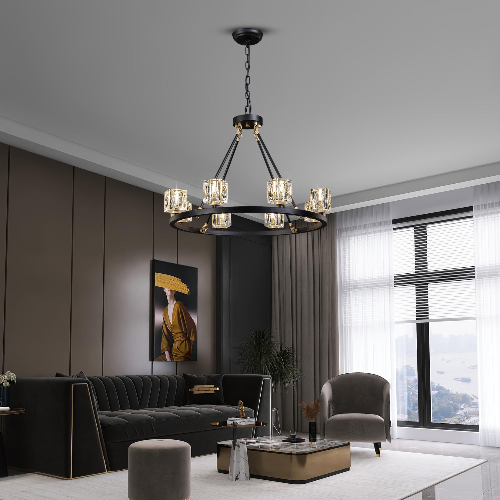 Okes Black Wagon Wheel Chandelier, 8-Light Farmhouse Crystal Chandeleirs With Adjustable Height,Ceiling Hanging Light Fixture Pe