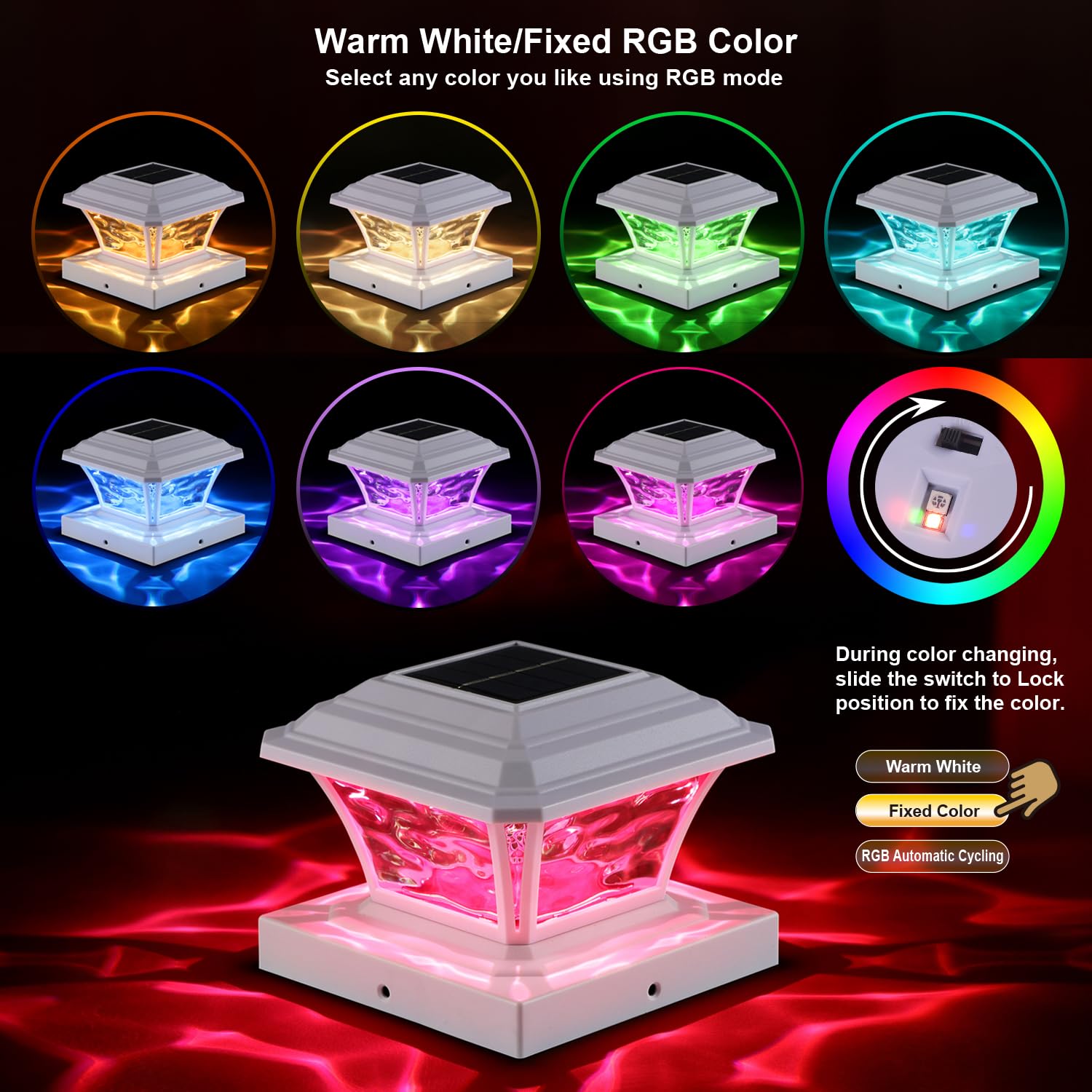 AEFRELEOHT Solar Post Cap Lights, Warm White/RGB, 20 Lumens, 6 Pack, for 3.6x3.6 to 5x5 Posts,