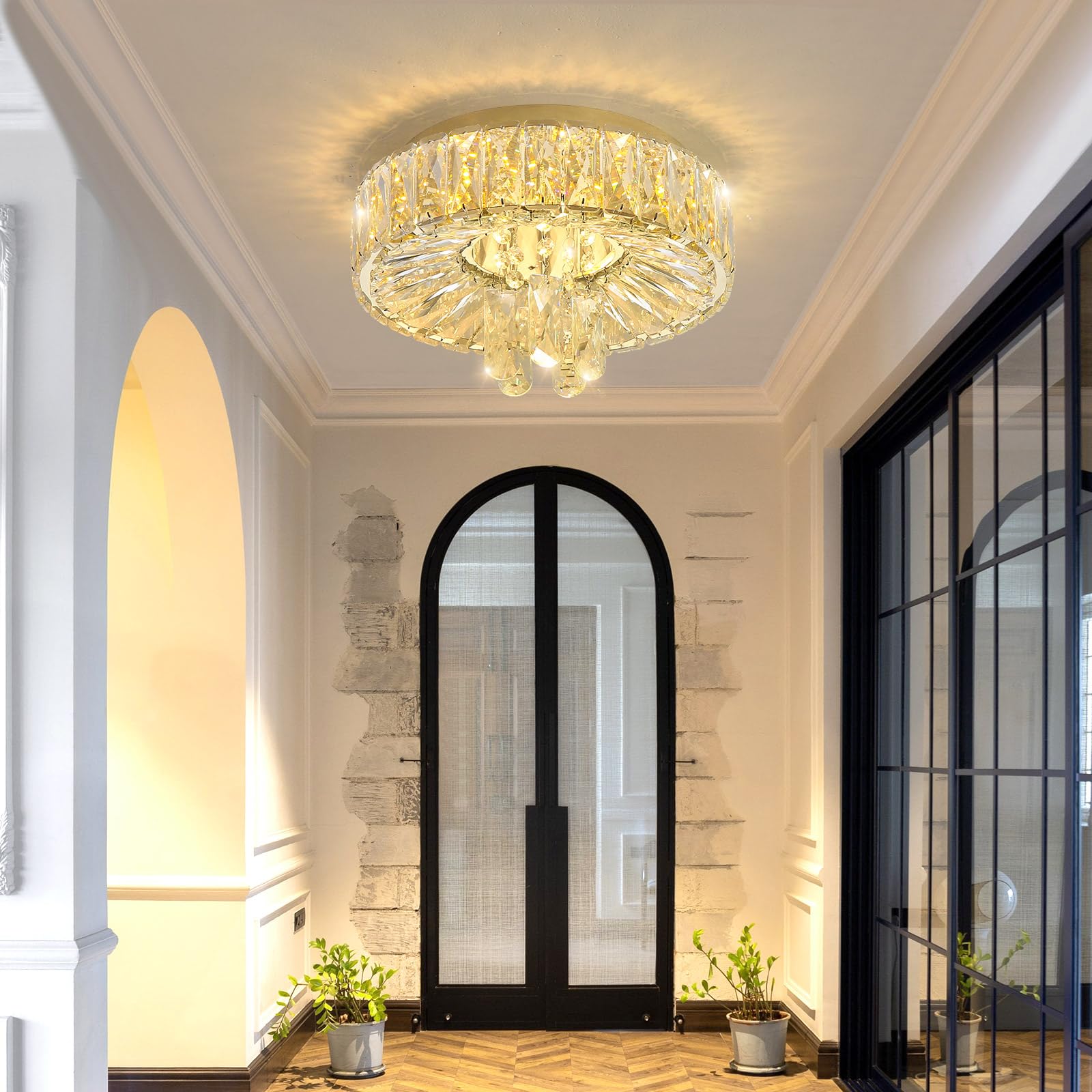 dolria Modern Crystal Chandelier 53.7" LED Dimmable Flush Mount Gold, Metal, Model PC1019-140G for Living Room, Foyer, Bedroom