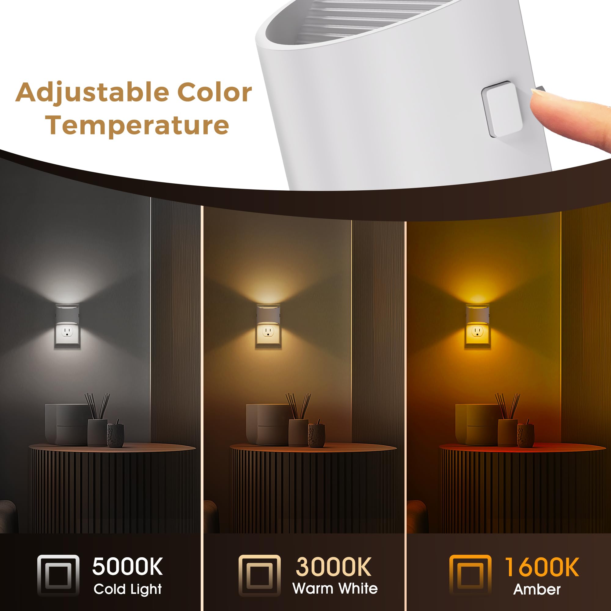 L LOHAS LED Night Lights, Adjustable 3CCT (1600K/3000K/5000K), 1W, Dusk to Dawn Sensor, 2 Pack, White Housing