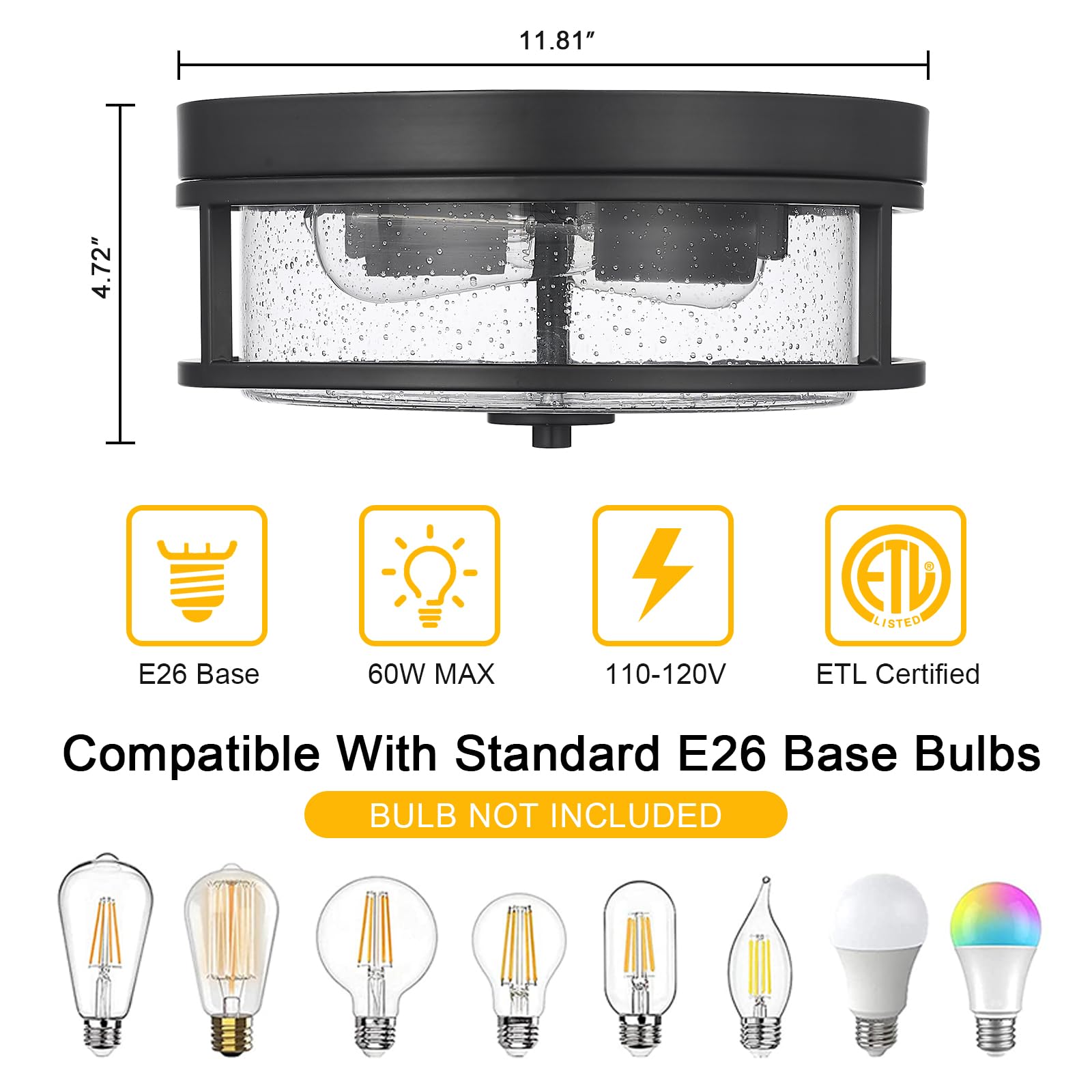 Luminzone 2-Light Flush Mount Ceiling Light, Farmhouse Industrial Black Finish With Seeded Glass Ceiling Lamp, Modern Ceiling Li