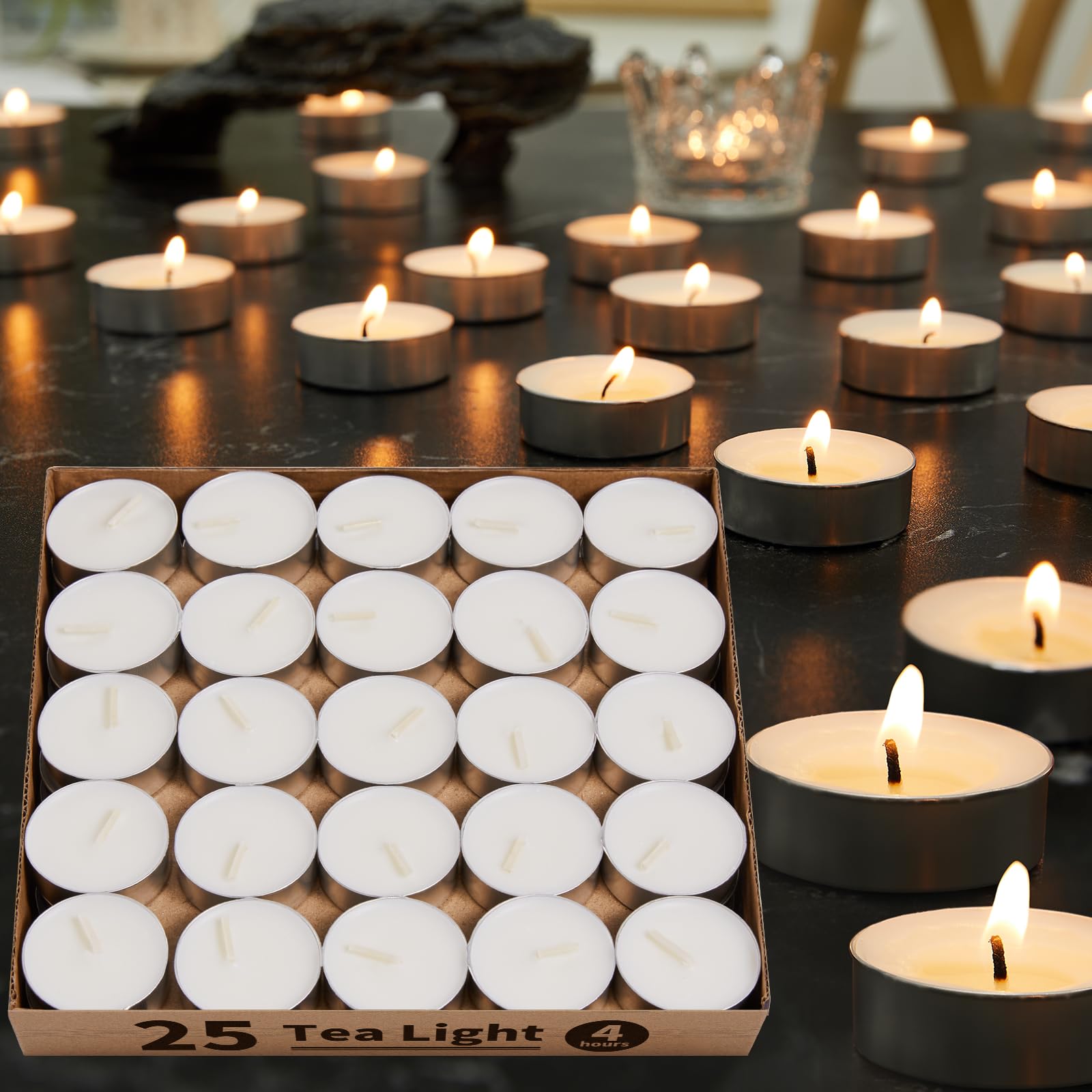 Ashlux Unscented Palm Tea Lights Candles 25 Pack Bulk, 4.5 Hours Long Burning White Tea Lights,Non-Paranffin, Smokeless, Mini Tealight Candles For Wedding, Table Centerpiece, Party, Power Outages