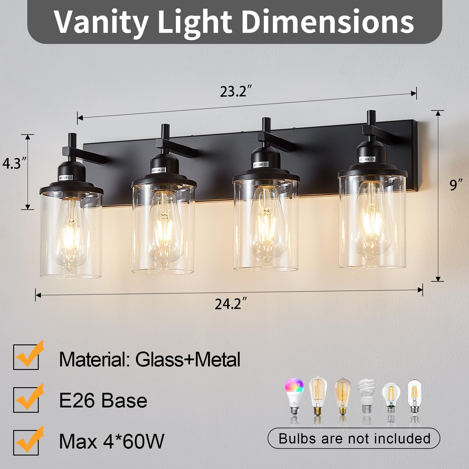 Lanhall 4-Light Black Bathroom Light Fixture Over Mirror Modern Farmhouse Bathroom Vanity Light Vintage Wall Lighting With Clear