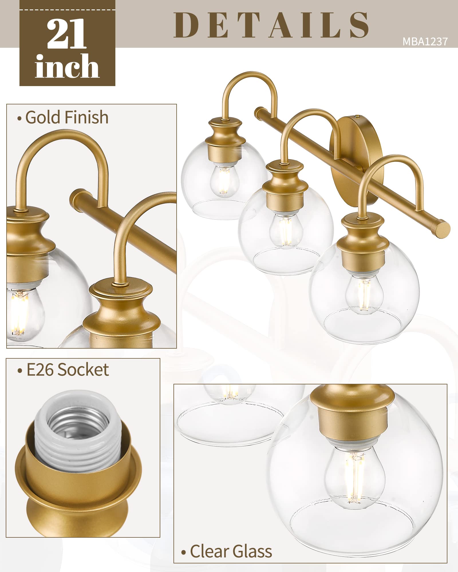 Hanass Gold 3-Light Globe Bathroom Vanity Light Fixture With Glass Shade, 21 Inch