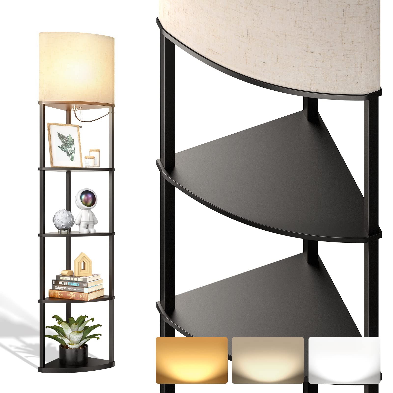 Addlon Corner Lamp 5-Tier Shelf Floor Lamp Display With 3 Color Temperatures Led Bulb And Linen Lamp Shade, Shelves For Living R