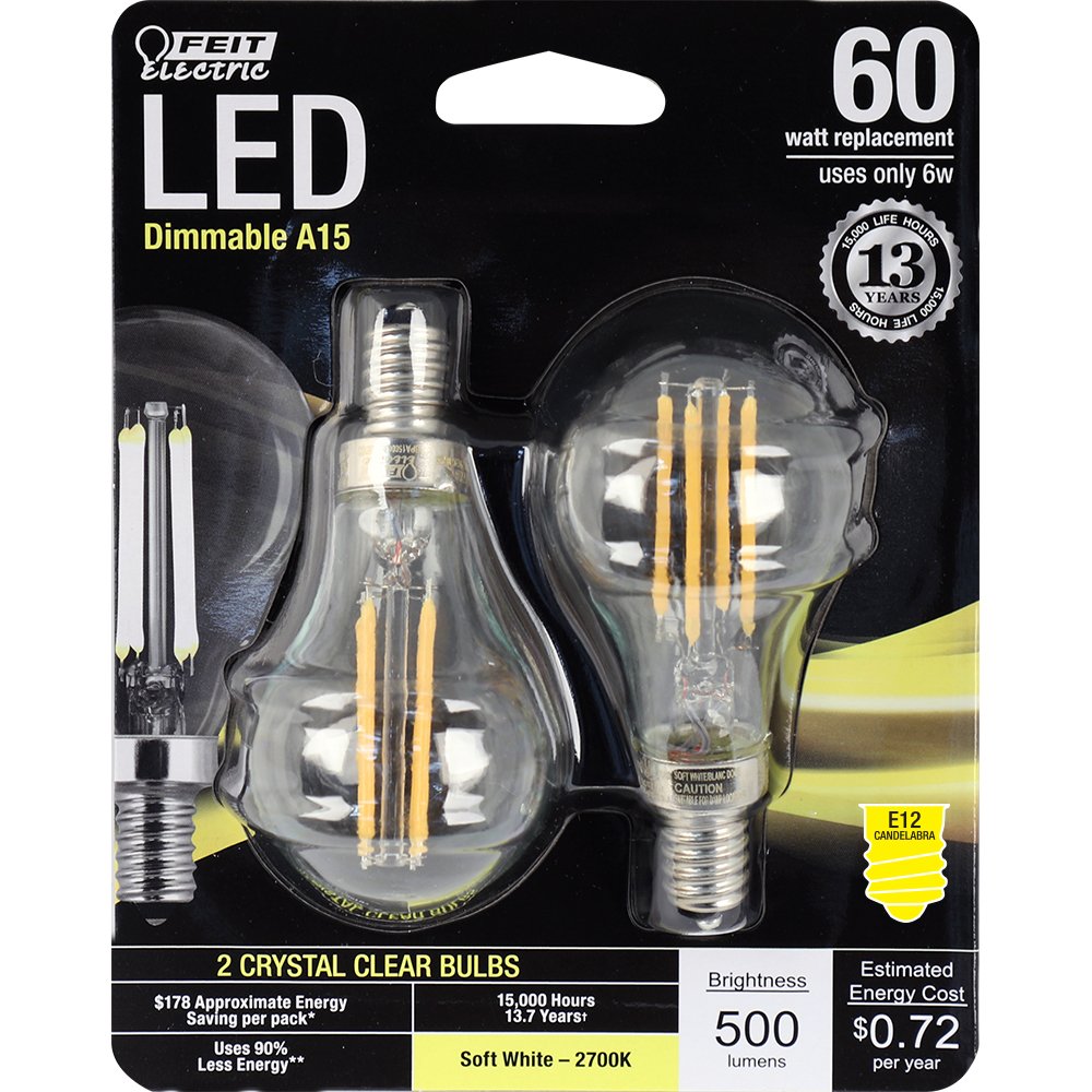 Feit Electric Decorative Clear Glass Filament LED Bulbs, Dimmable, 60W Equivalent, Soft White 2700K, Pack of 2, Candelabra Clear
