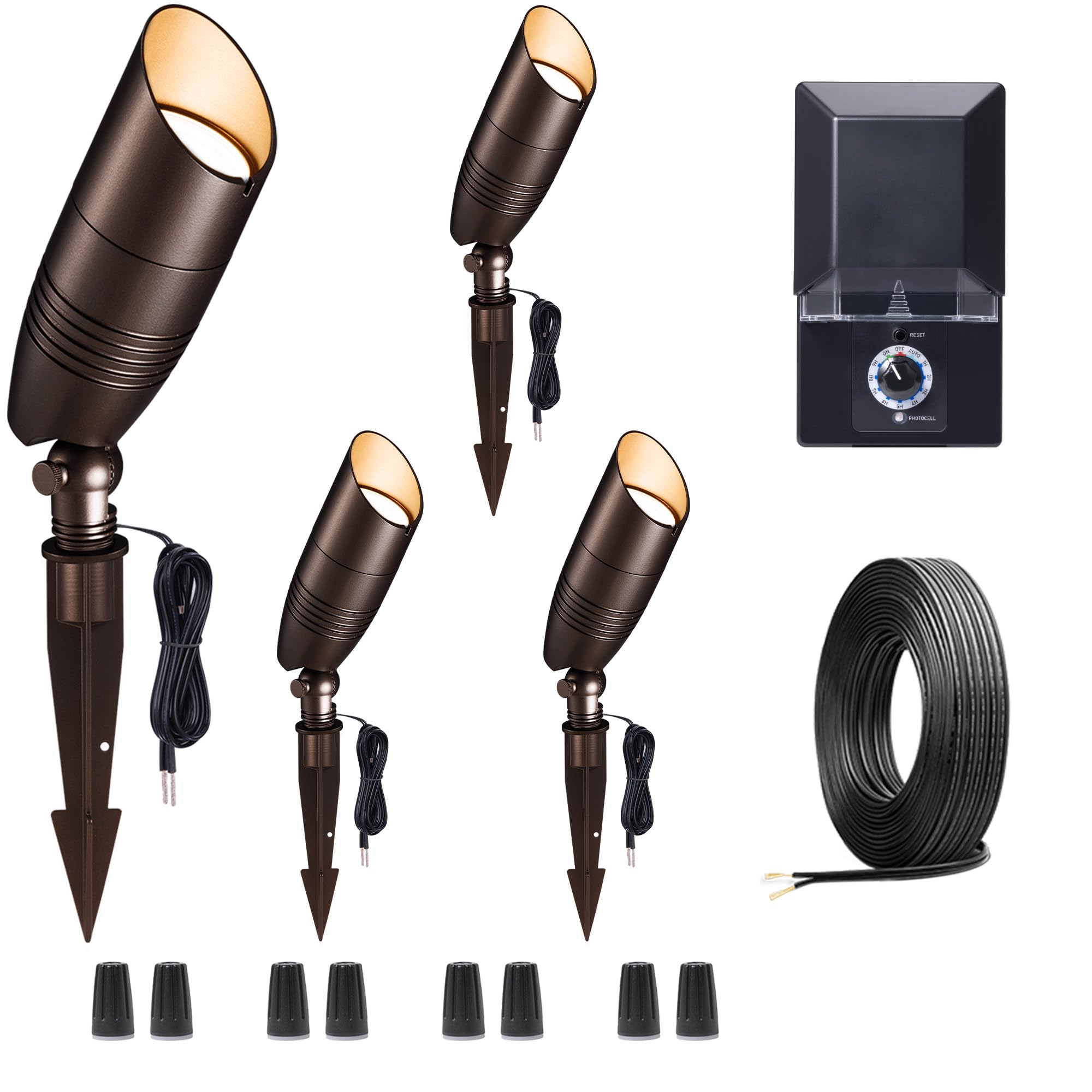Varmtalys Low Voltage Landscape Lighting Kit, 4 Pack 3000K/4000K/5000K Adjustable Spotlights and 100W Transformer and 100FT Cabl