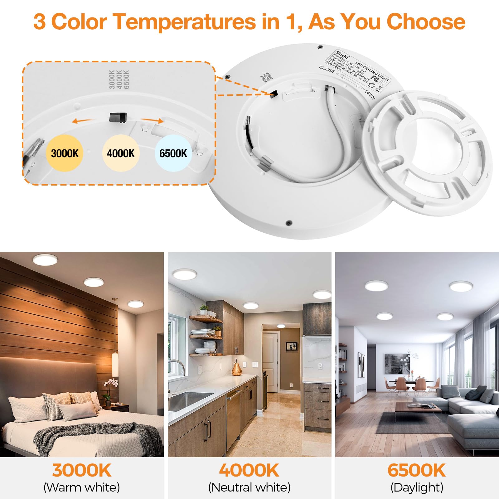 24Pack Led Flush Mount Ceiling Light Fixture, 3000K-4000K-6500K & 100W Equivalent Modern Kitchen Recessed Ceiling Lamp 15W 1500L