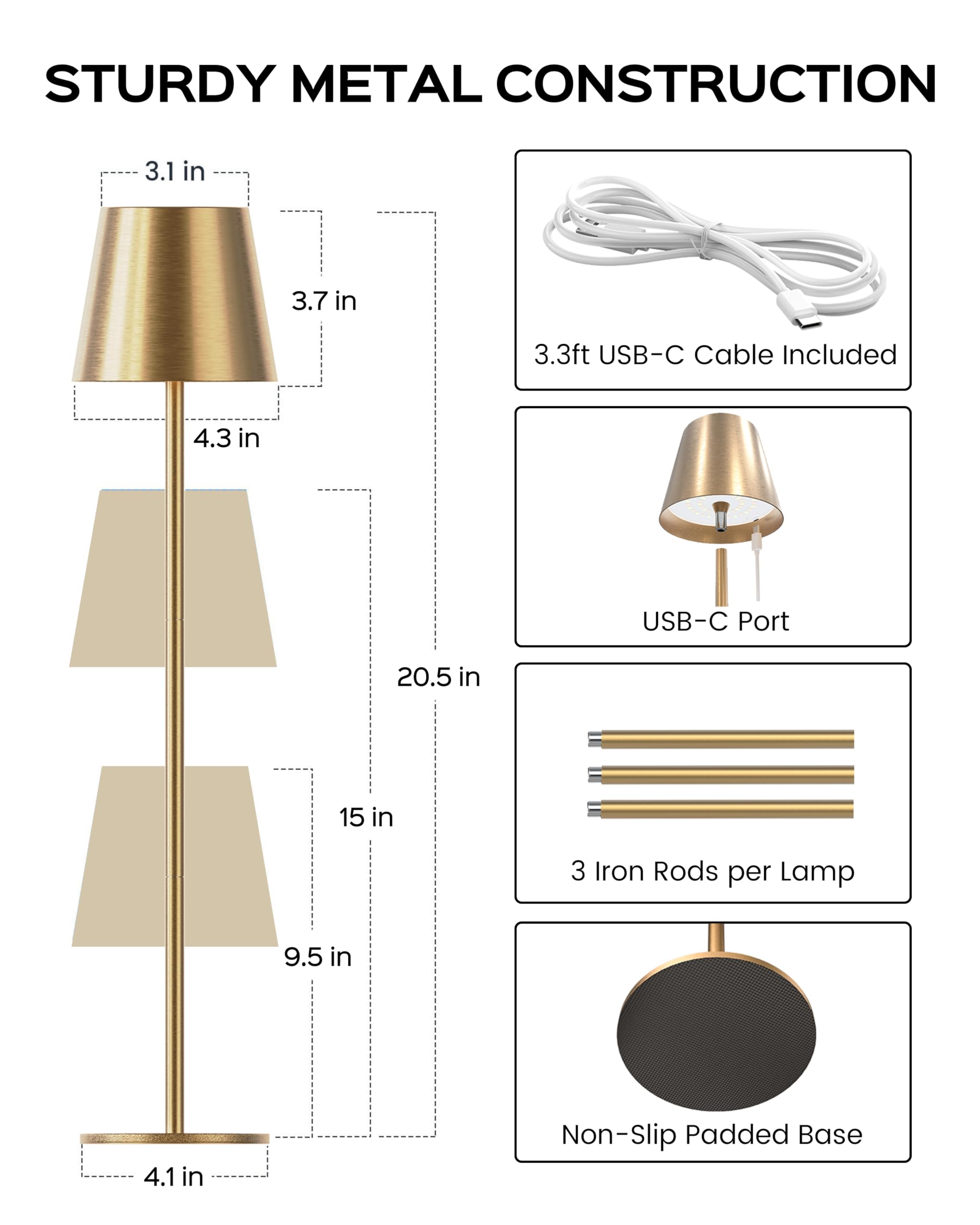 JACKYLED Cordless Table Lamp, Rechargeable 5000mAh Battery, 3 Heights, Waterproof, Gold, Model JKTL02-7005405E, 1 Pack