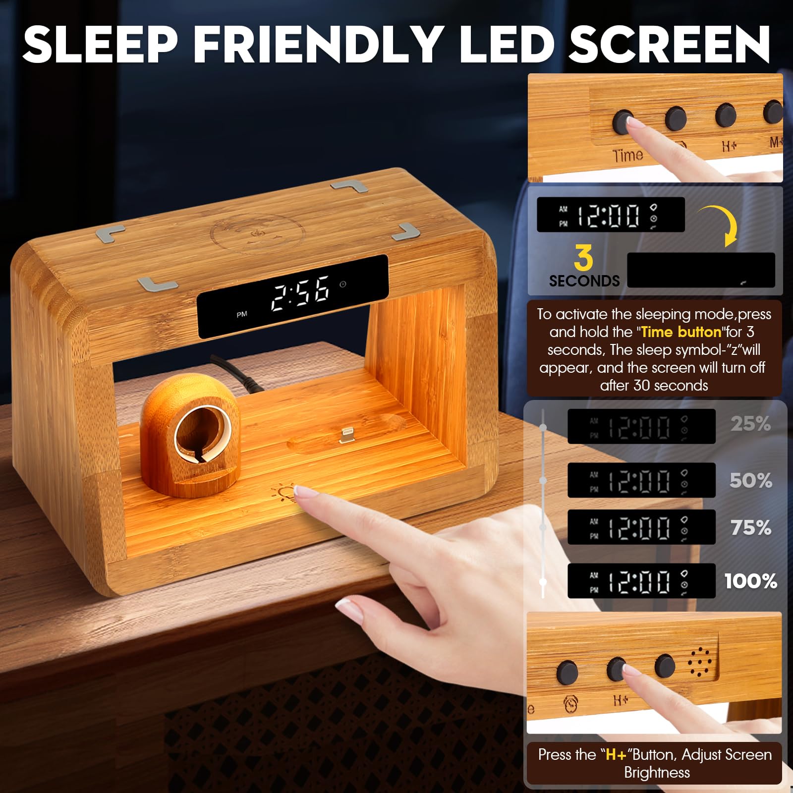 Hqobzx Wooden Bedside Table Lamps For Bedroom With Wireless Charger, Nightstand Lamp With Charging Station, 3 Night Light Modes