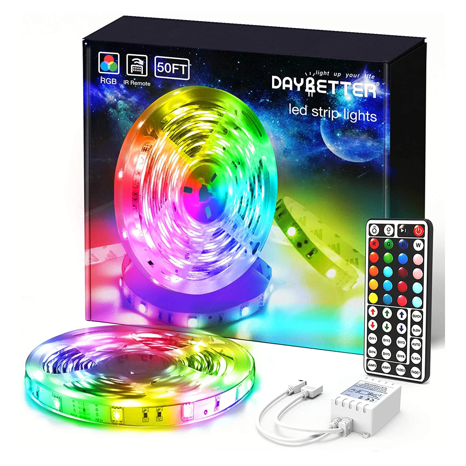 Daybetter (2Rd Gen) Smd 5050 Remote Control Led Strip Lights 50Ft Color Changing With 44Keys Remote Controller And 12V Power Sup