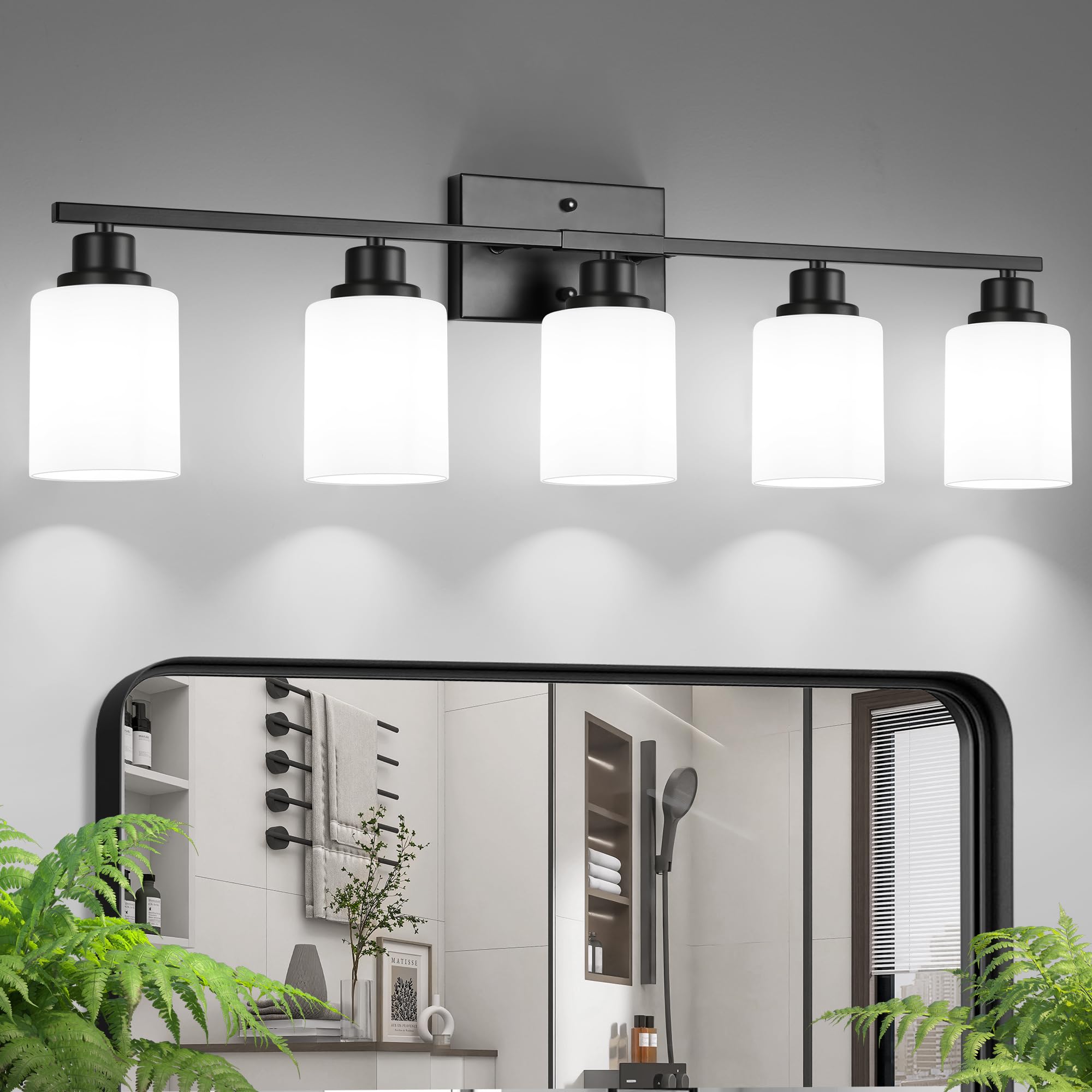 Ascher Bathroom Light Fixtures  5-Light Vanity Light Over Mirror  Matte Black Wall Sconces with Milky White Frosted Glass Shades  Wall Lamp for Living Room Bedroom  E26 Base(Bulbs Not Included)