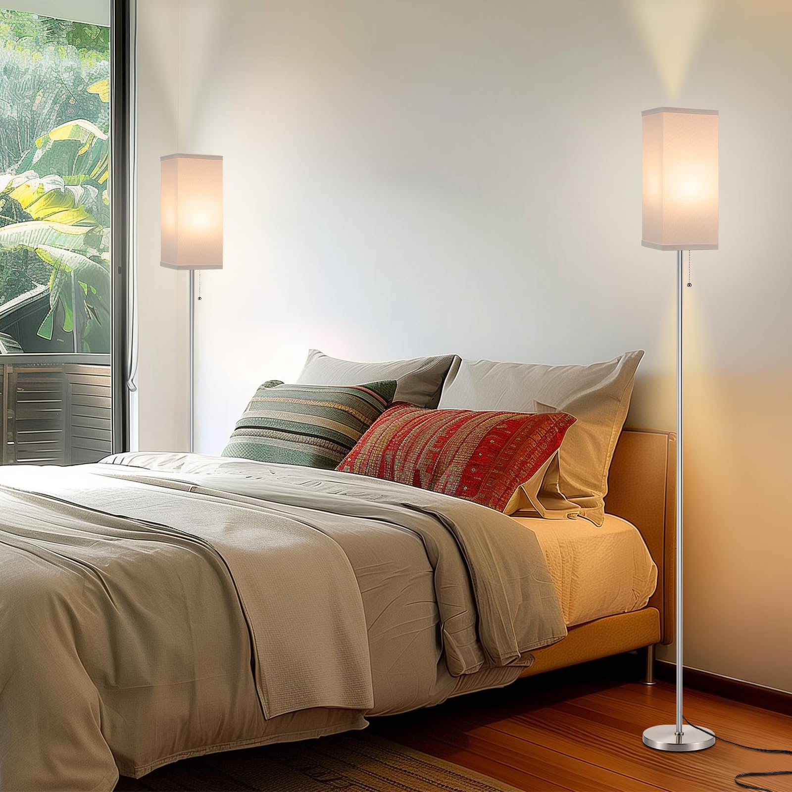 Ziisee Floor Lamps Set of 2 - Modern Metal Standing Lamps with Pull Chain, White Shade, Silver Color, Model SQ4-10