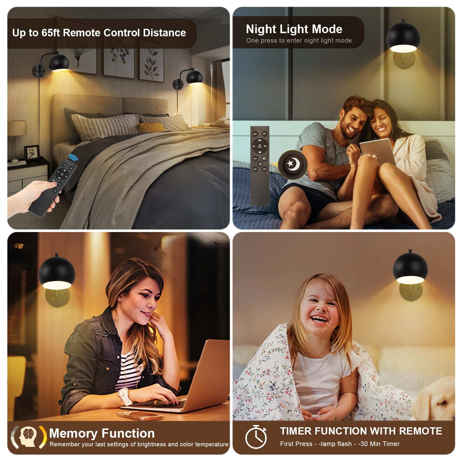 Vatoni Wall Sconce With Remote Control, Dimmable Plug In Wall Sconces And Adjustable Color Temperature 2700K~6000K, Globe Swing