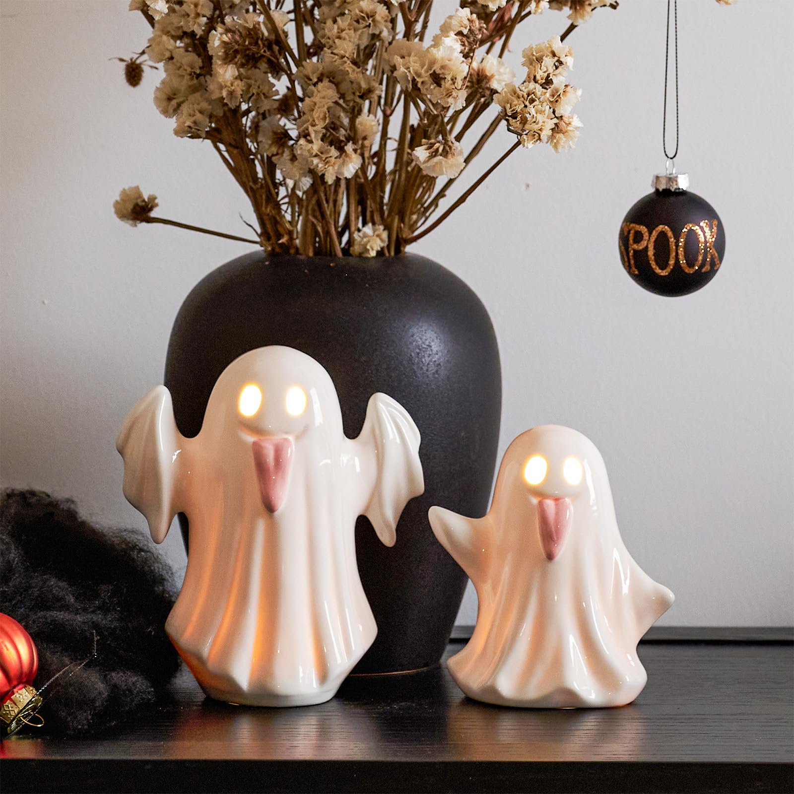 WDS WONDROUS Halloween Decor Ghost Figurines Light Up - White Set of 2 Ghost Figurines with Pink Tongue -Cute Halloween Ceramic