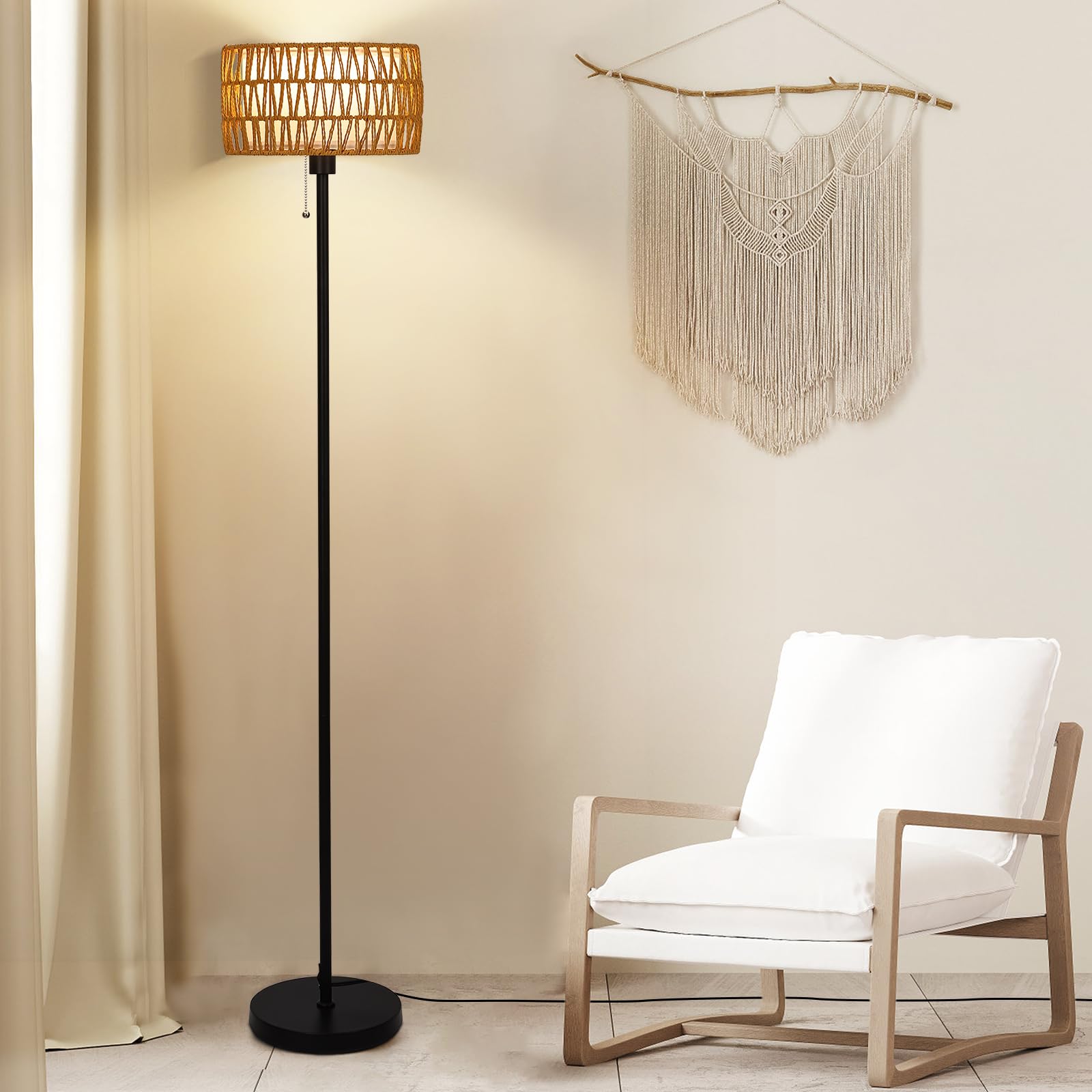 Netin Rattan Floor Lamp For Living Room, Boho Standing Lamp With 3 Color Temperatures, Farmhouse Floor Lamp Wicker Lamp Double S