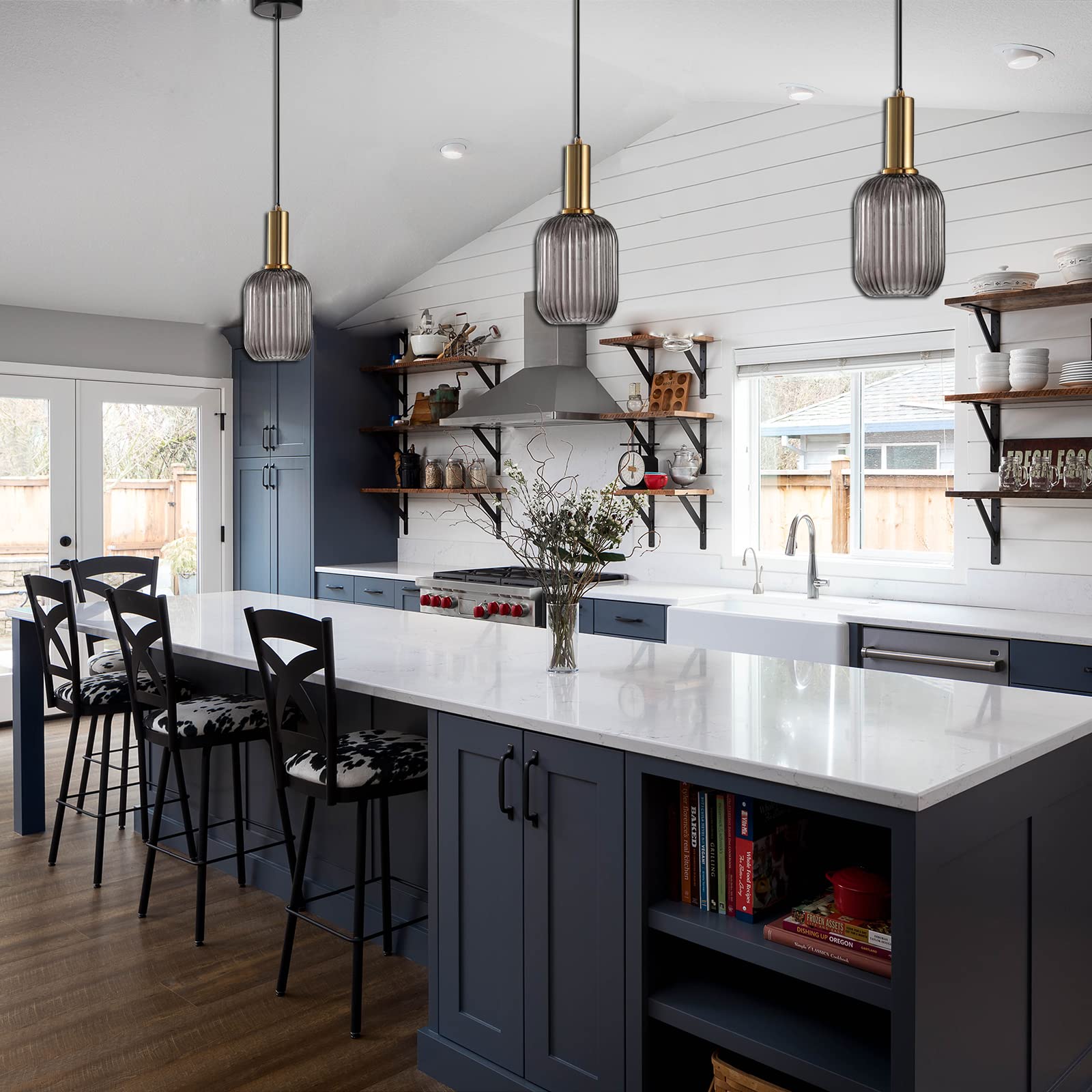 I-Xun Modern Pendant Light Fixtures For Kitchen Island, Farmhouse Striped Glass Pendant Lighting With Gold Socket, Stylish Ceili