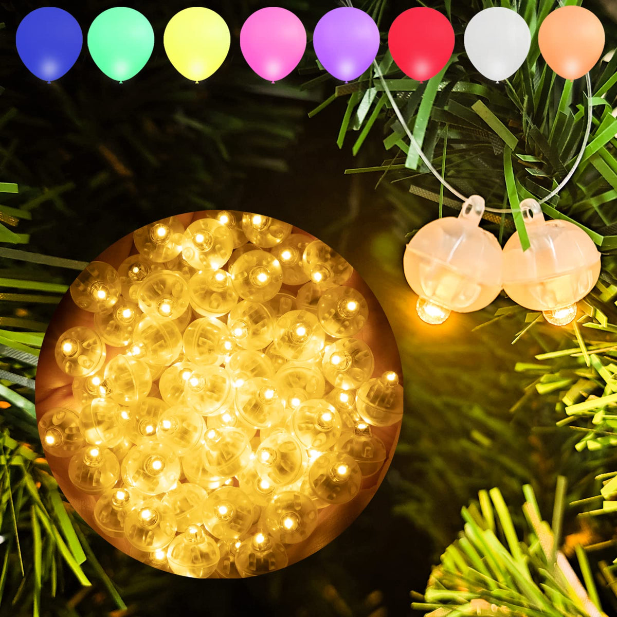 Aogist 100Pcs Warm White Mini Lights With Hook,Long Standby Time Waterproof Led Balloon Light,Battery Powered,Ball Lamp For Balloon Paper Lantern Birthday Party Christmas Halloween (Matching Tag Rope)