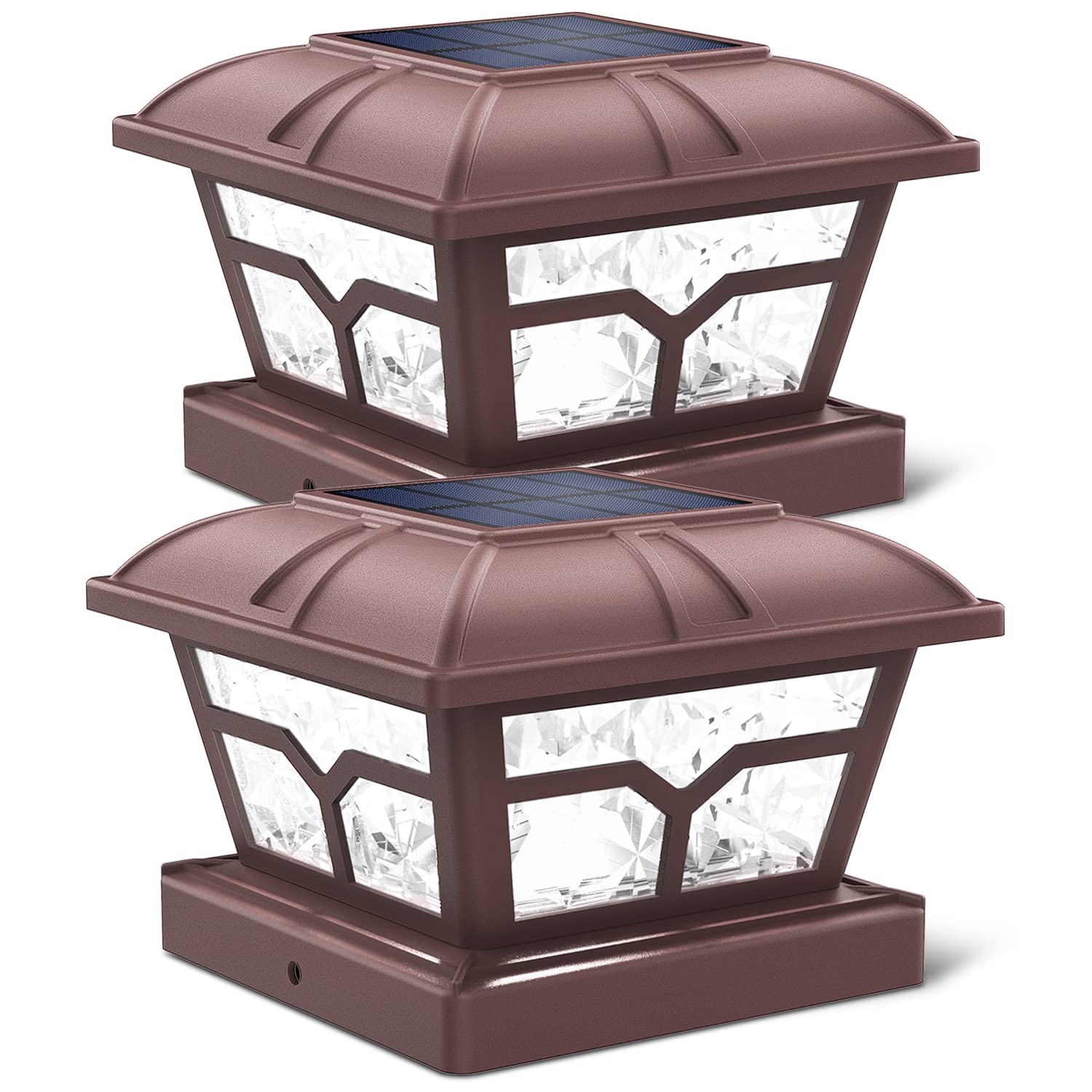 SIEDiNLAR Solar Post Cap Lights - 8 LEDs, 2 Color Modes, Brown, 2 Pack, for 4x4 5x5 6x6 Posts, Plastic