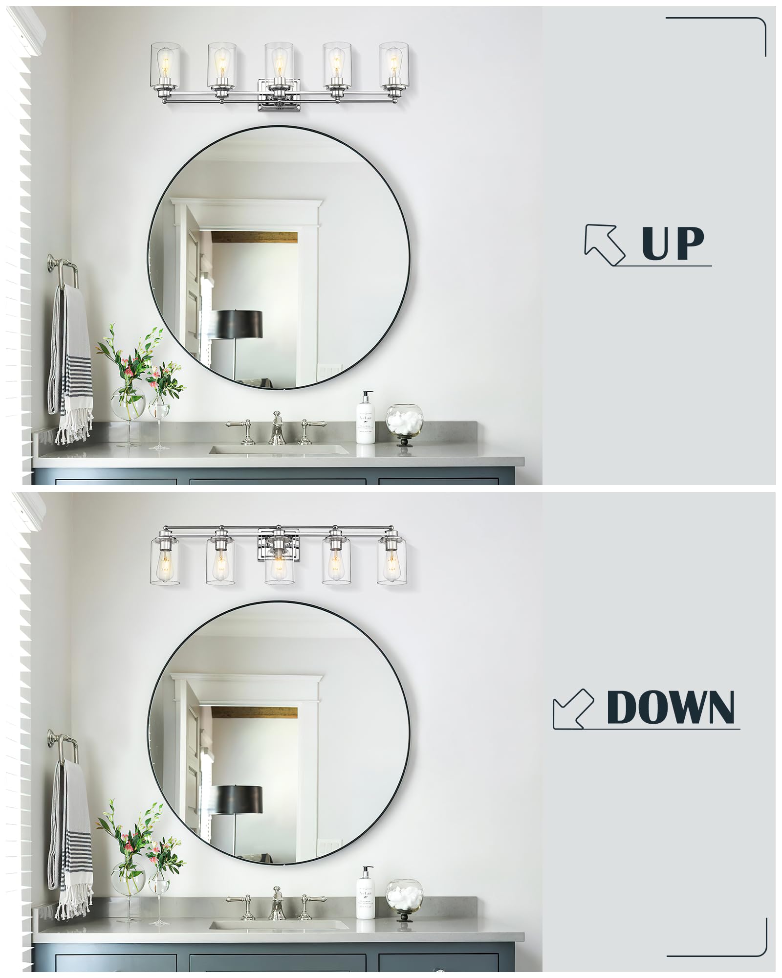 Hwh Chrome 5-Light Bathroom Vanity Light Fixture - Modern Sconce Over Mirror, 37-Inch