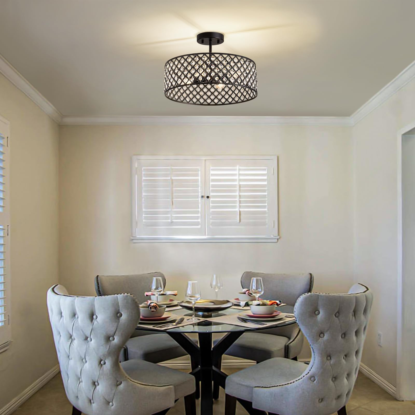 Bzvesr Black Crystal Ceiling Light Fixture Modern Semi Flush Mount Ceiling Lighting Fixture Round Small Chandelier For Dining Room  Hallway  Entryway  Kitchen  Bedroom Foyer 4 Light 15.7 Inch